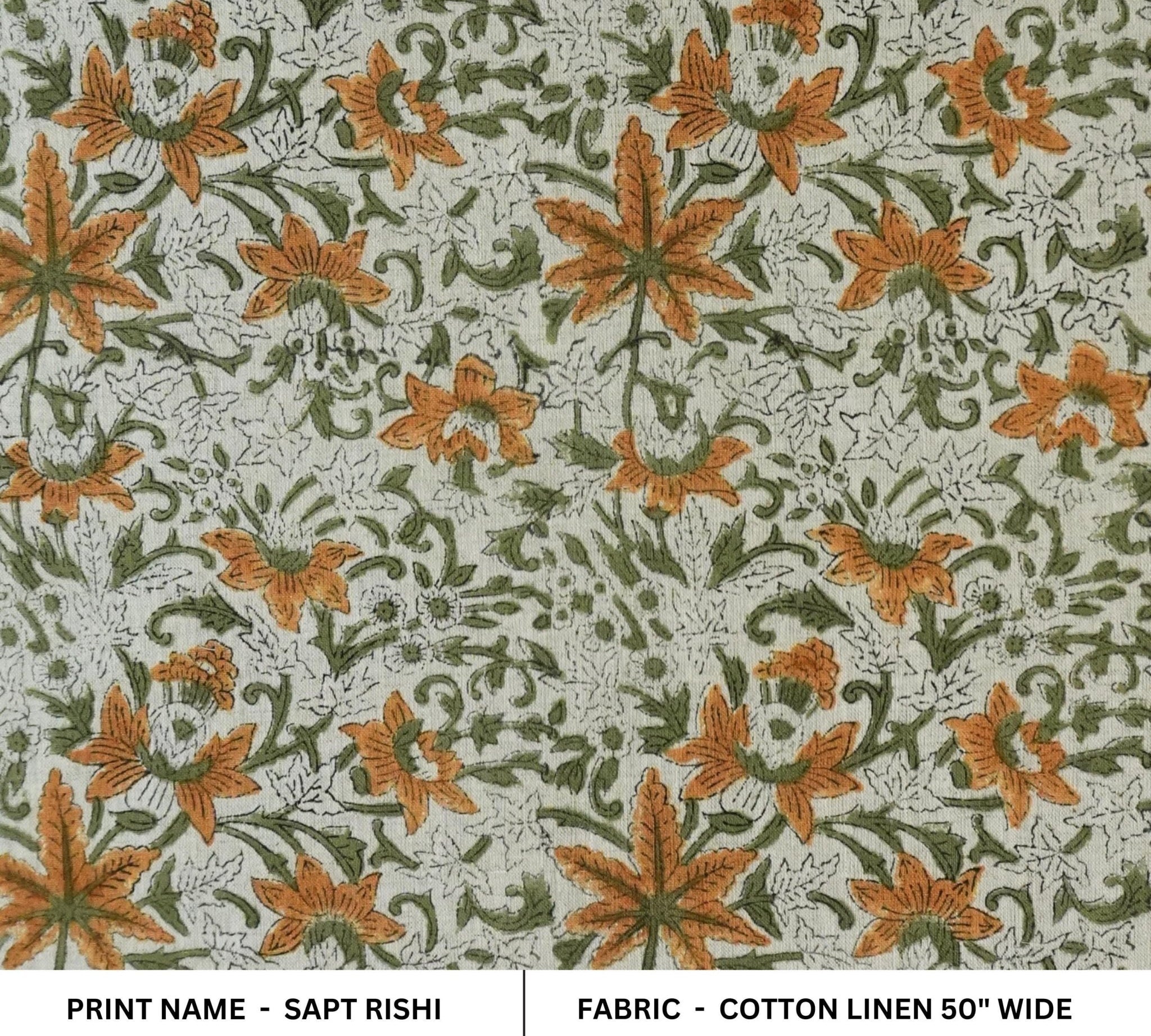 Linen Block Print Cotton Linen Fabric 50 Inch Width Light Weight Linen Natural Base Color Curtains and Drapes Upholstery Handmade Art Pillow Covers Tablecloths and Runners Bedding Tote Bag Lampshades Napkins by Fabritual