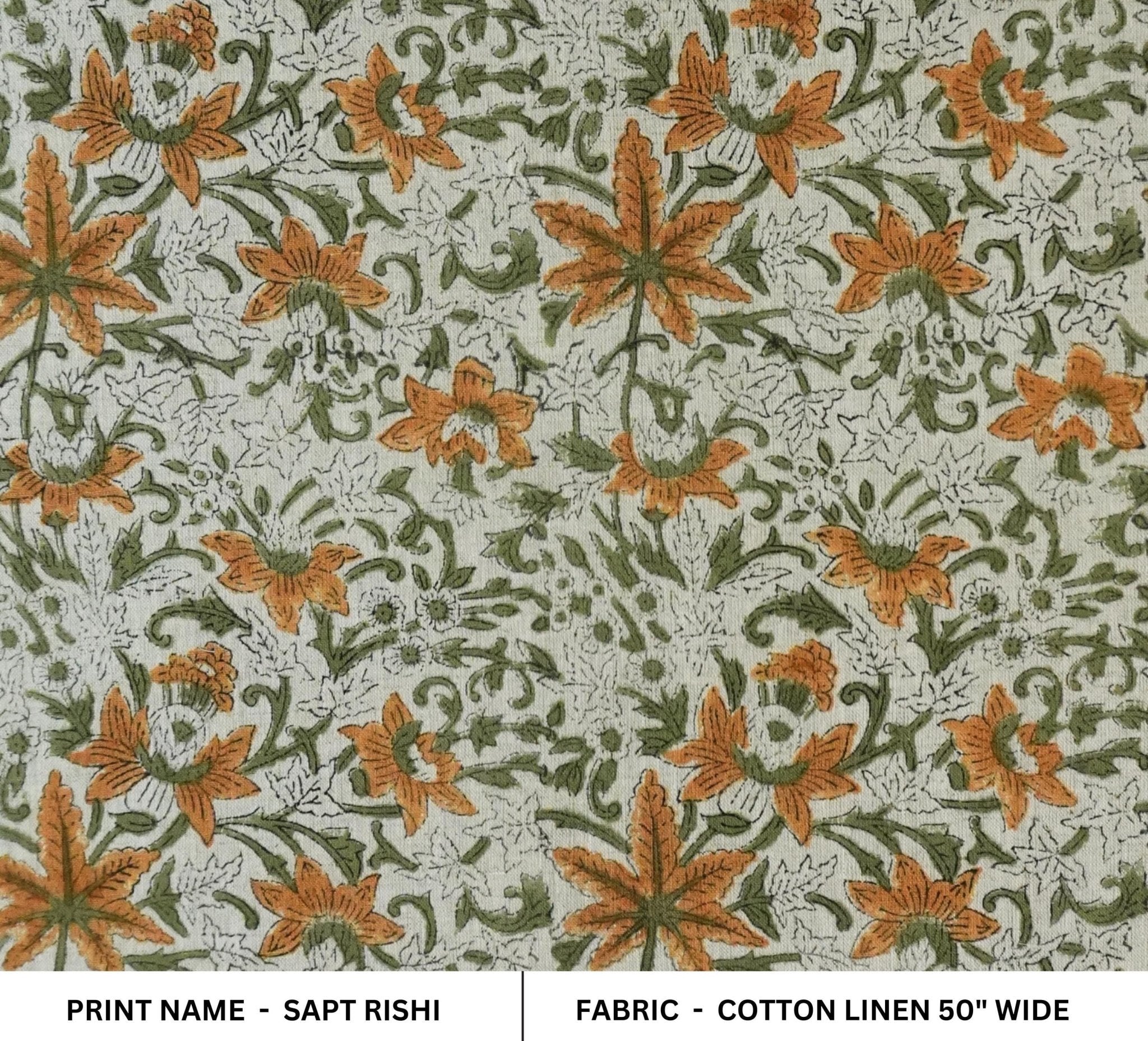 Linen Block Print Cotton Linen Fabric 50 Inch Width Light Weight Linen Natural Base Color Curtains and Drapes Upholstery Handmade Art Pillow Covers Tablecloths and Runners Bedding Tote Bag Lampshades Napkins by Fabritual