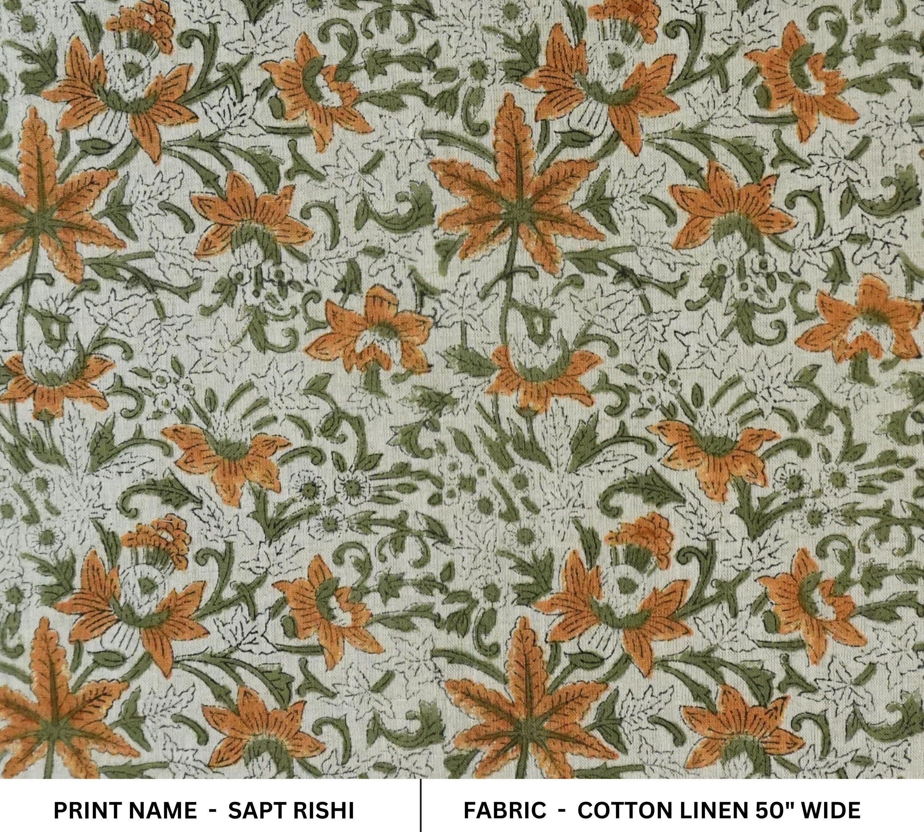 Linen Block Print Cotton Linen Fabric 50 Inch Width Light Weight Linen Natural Base Color Curtains and Drapes Upholstery Handmade Art Pillow Covers Tablecloths and Runners Bedding Tote Bag Lampshades Napkins by Fabritual