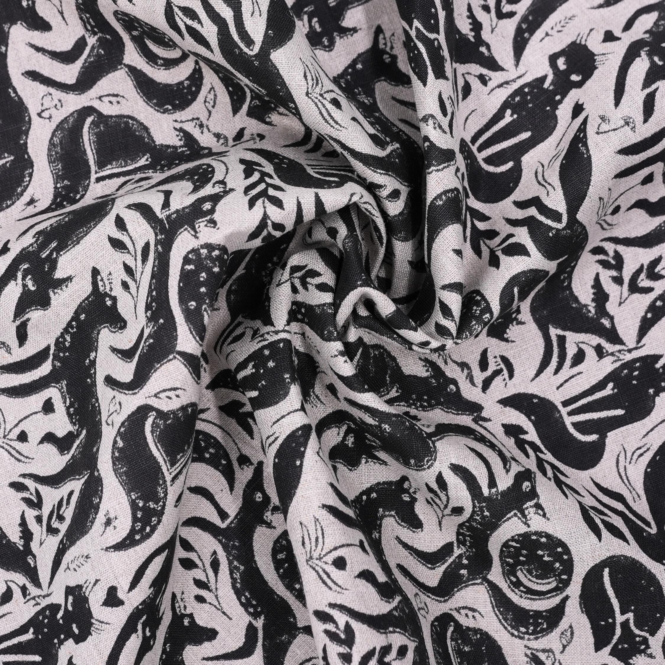 Indian Handmade Black Gehravan Print Textile Fabric on Pure Linen for Upholstery