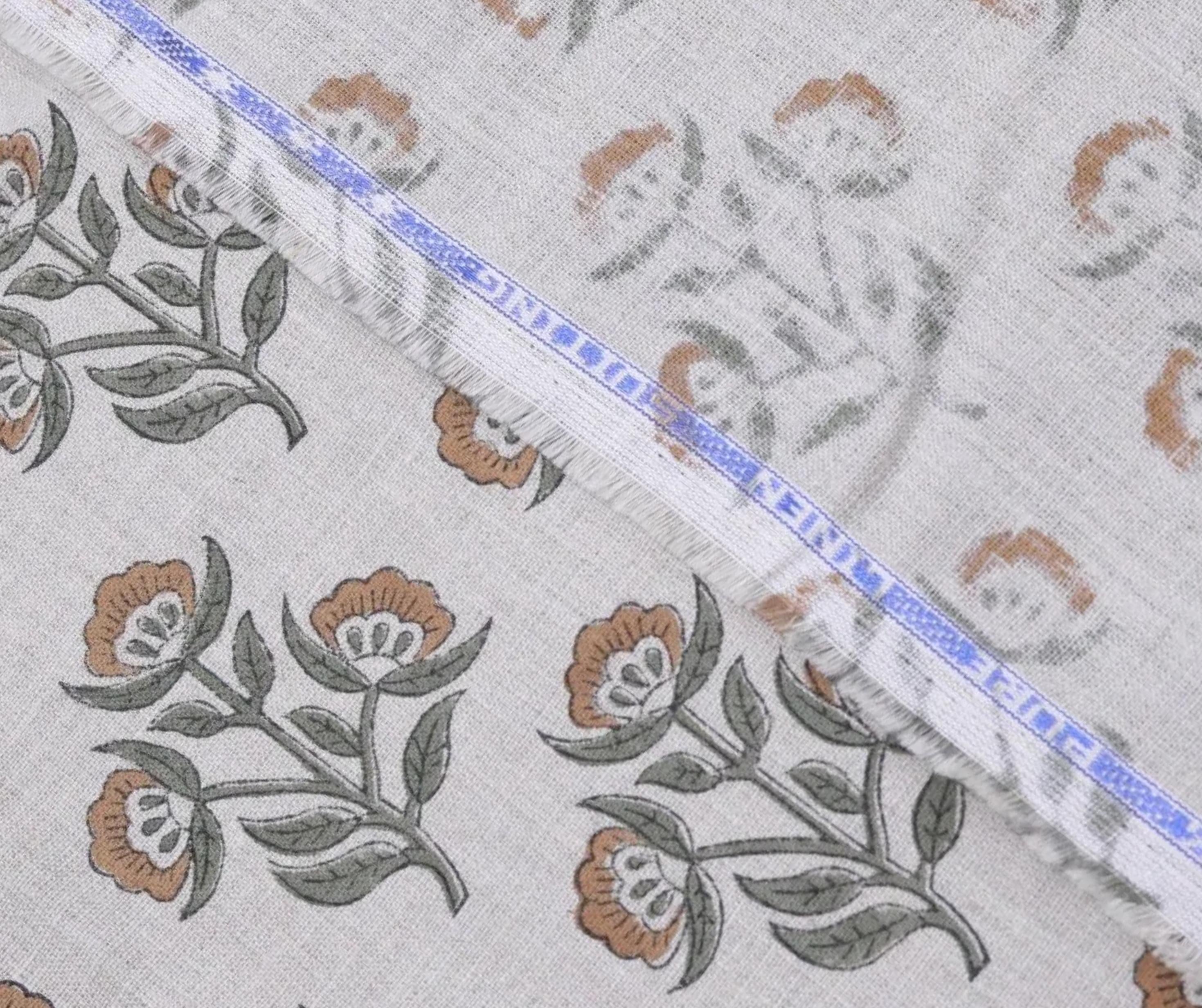 Linen Block Print Fabric 58 Inch Width Medium Weight Linen Natural Base Color Curtains and Drapes Upholstery Handmade Art Pillow Covers Tablecloths and Runners Bedding Tote Bag Napkins by Fabritual