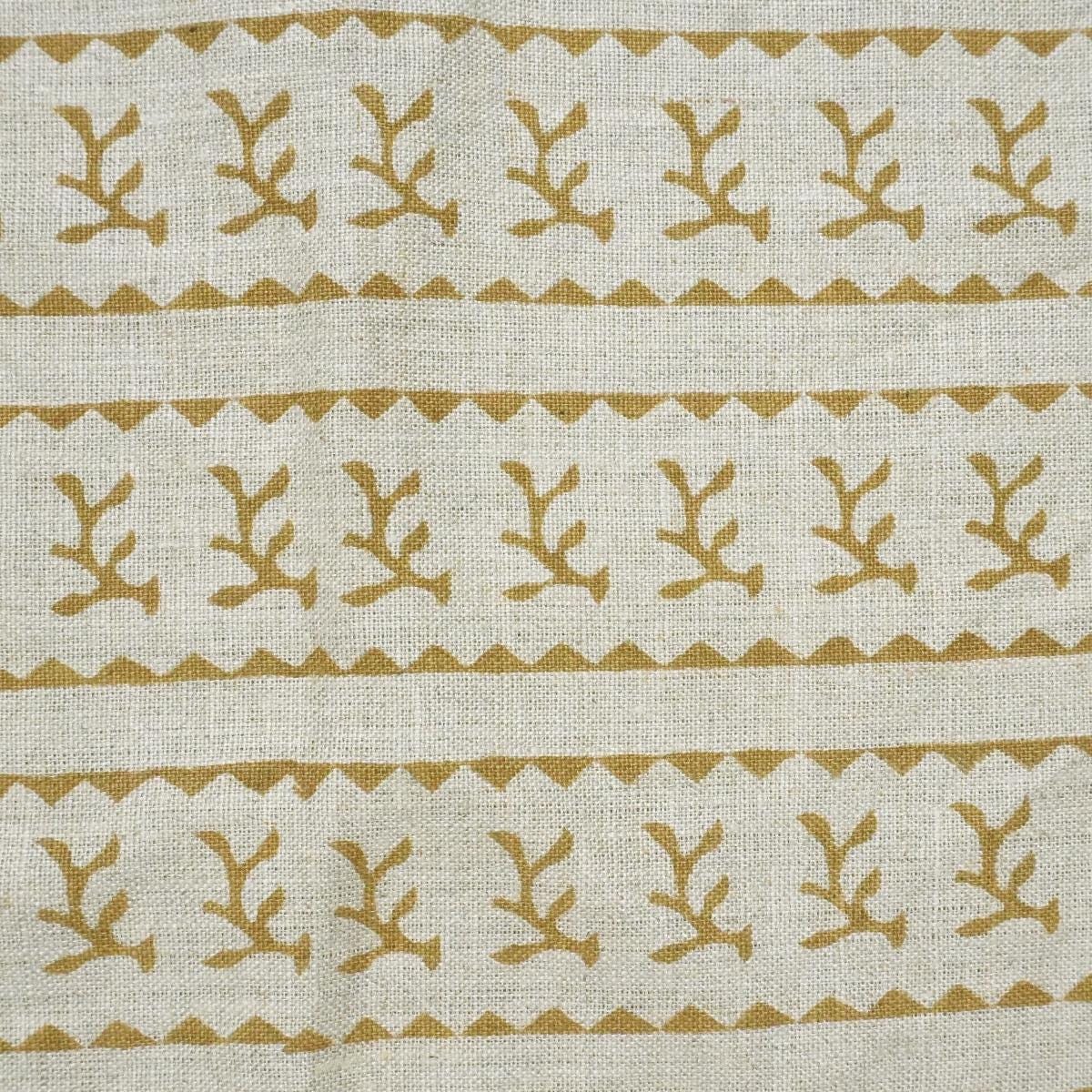 Pure Linen Fabric Natural Soft Block Printed Pastel Gray and Bronze Metallic Floral for Tablecloth & Upholstery - Phool Dali