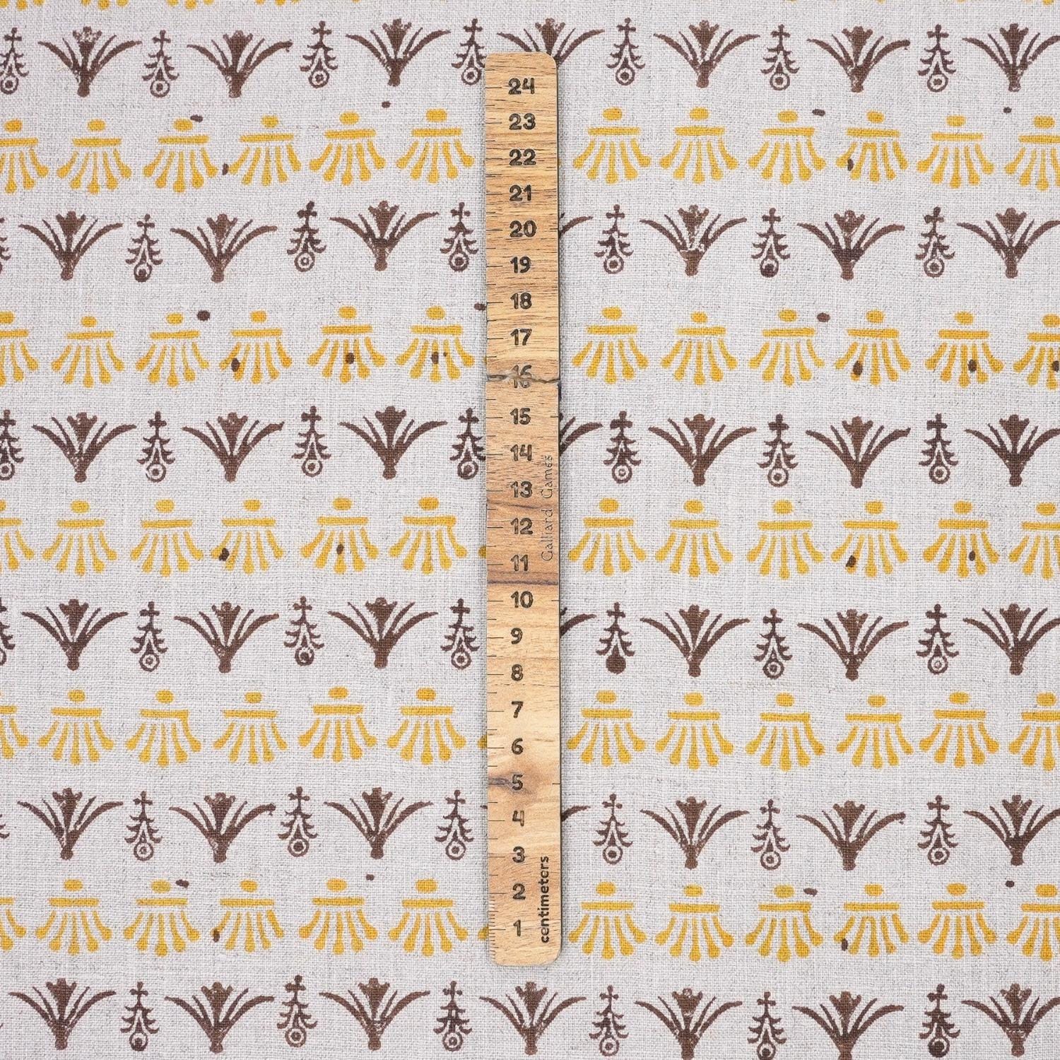 Indian Hand Block Mustard and Brown Floral Fabric on Pure Linen for Tabel Cover - Hastatkala