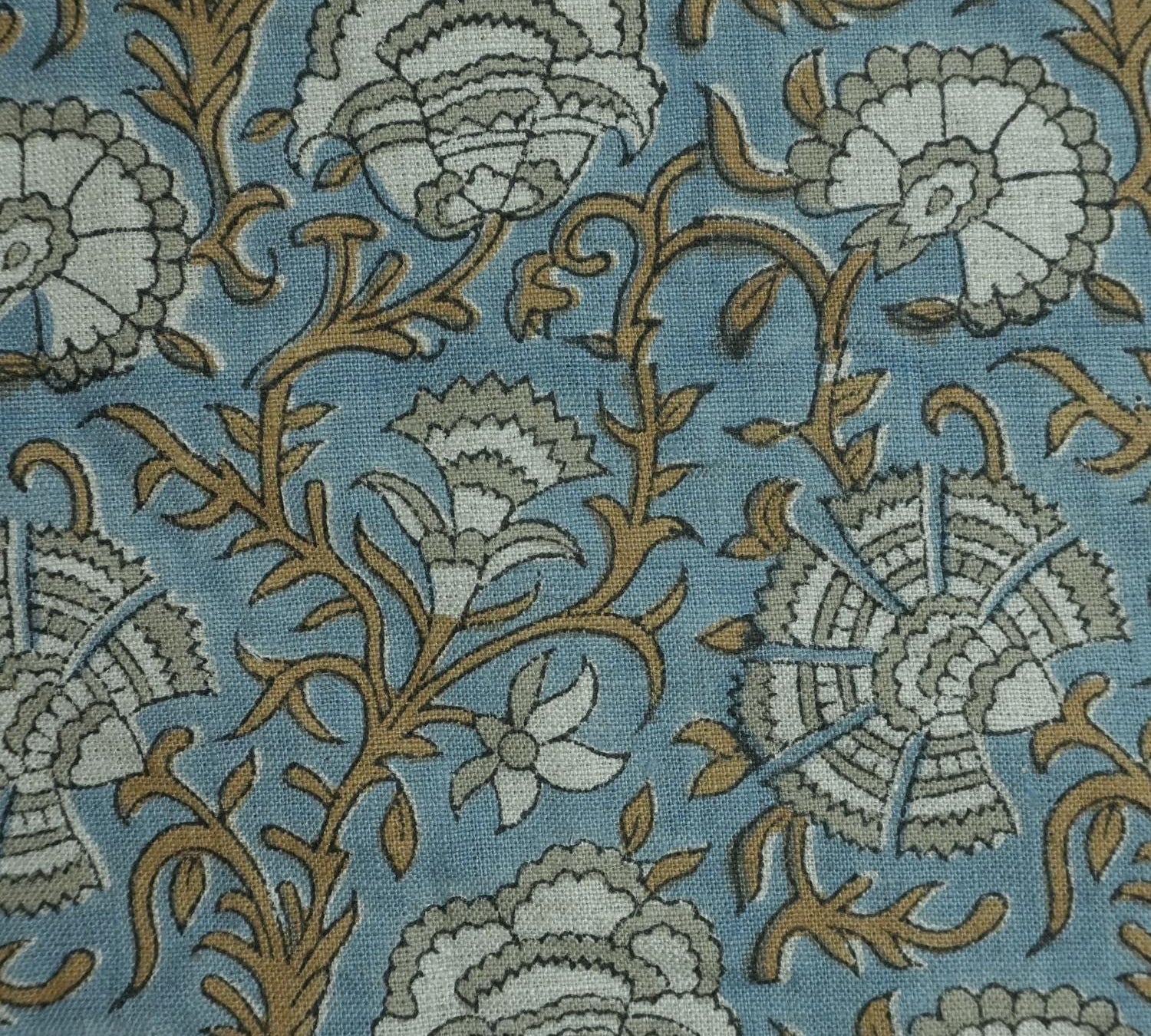 Linen Block Print Fabric 58 Inch Width Medium Weight Linen Natural Base Color Curtains and Drapes Upholstery Handmade Art Pillow Covers Tablecloths and Runners Bedding Tote Bag Napkins by Fabritual