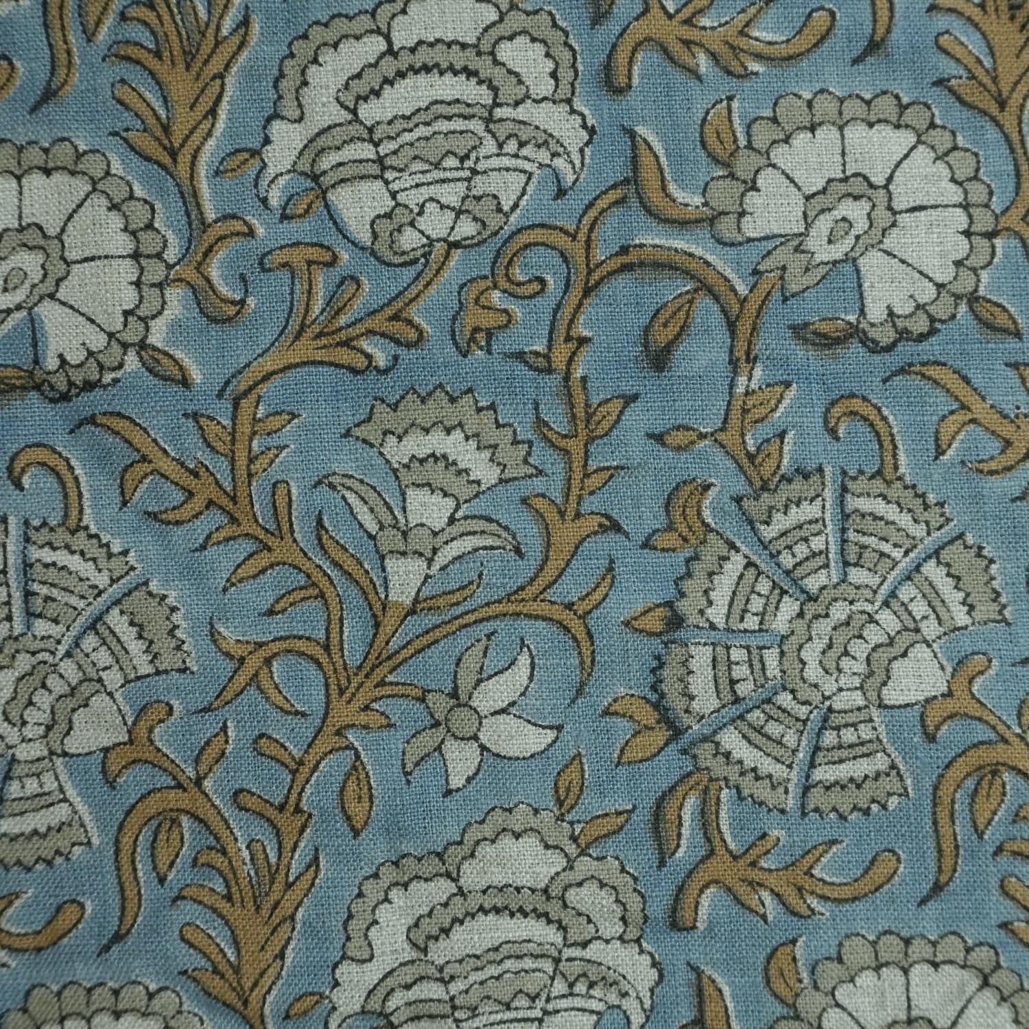 Linen Block Print Fabric 58 Inch Width Medium Weight Linen Natural Base Color Curtains and Drapes Upholstery Handmade Art Pillow Covers Tablecloths and Runners Bedding Tote Bag Napkins by Fabritual