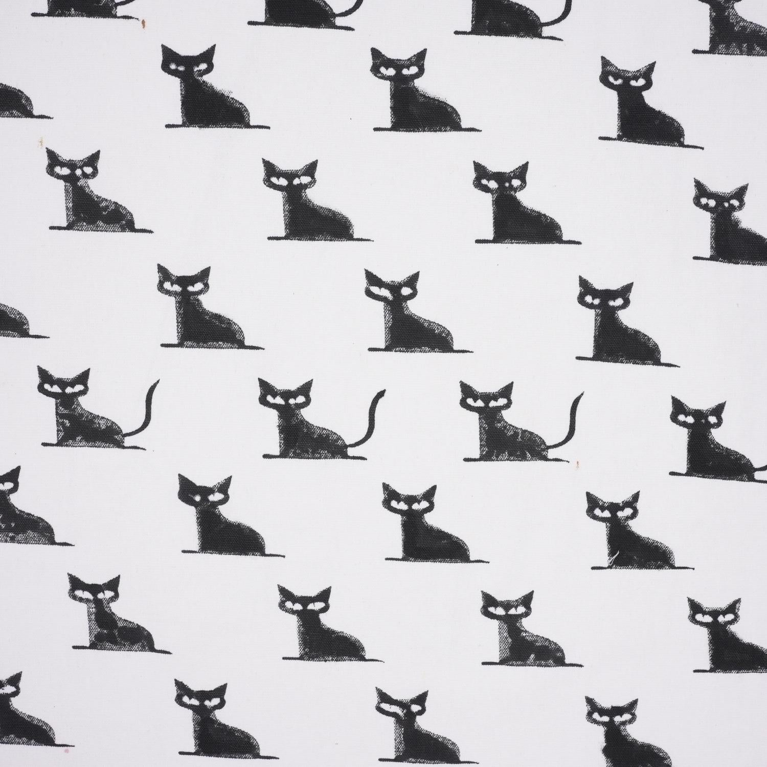 Handmade Black Cat Block Printed Throw Thick Cotton White Fabric for Halloween Cushion Decor