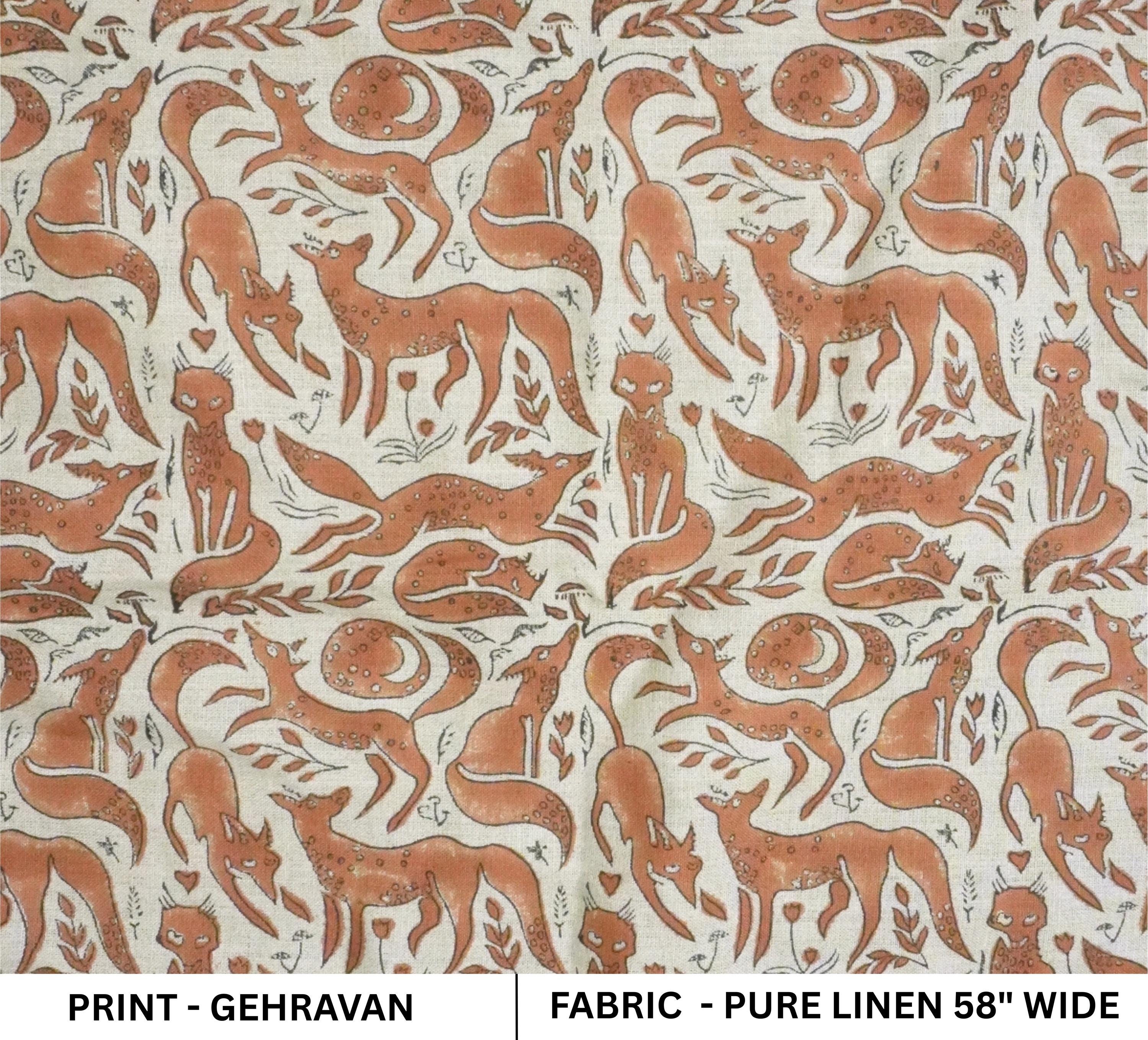 Handcrafted Indian Block Printed Premium Pure Linen Brown and Pastel Gray Animal 58" Wide Fabric – Gehravan