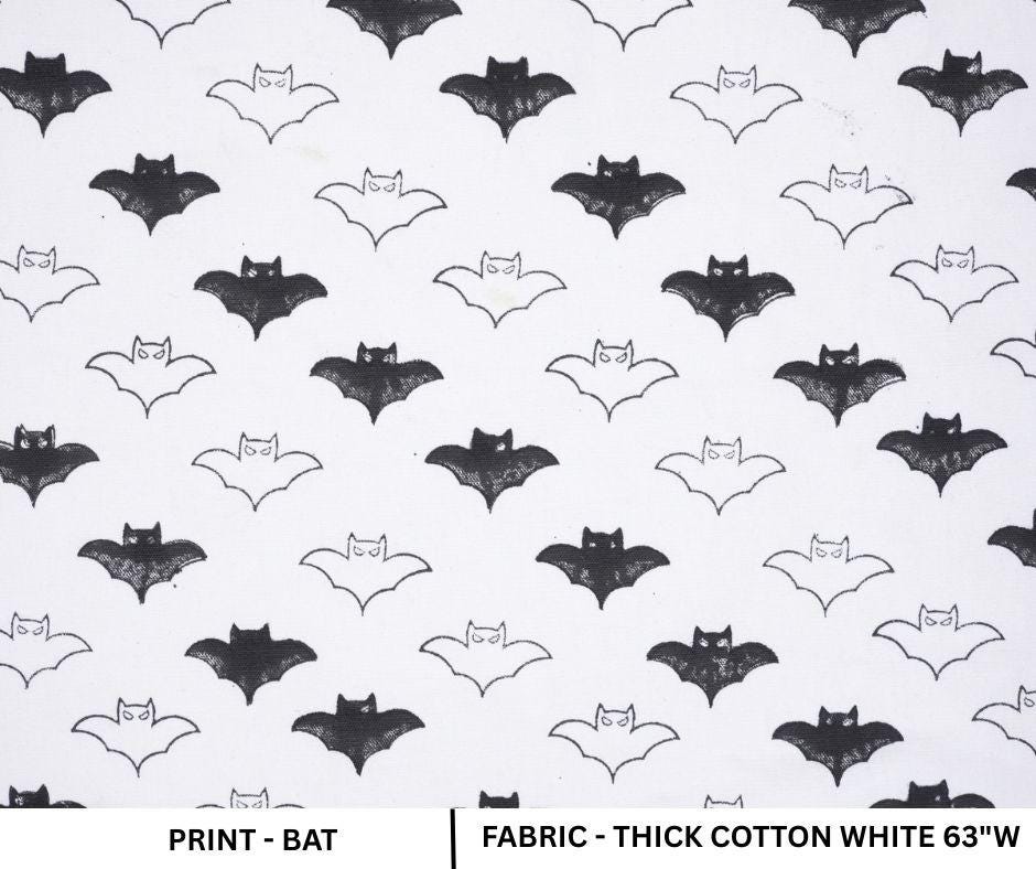 Hand Block Print Cuhion Cover Fabric on Thick Cotton White with Black Bat Design