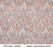 Linen Block Print Fabric 58 Inch Width Medium Weight Linen Natural Base Floral  
 Color Curtains and Drapes Upholstery Pillow Covers Tablecloths and Runners Bedding Tote Bag Lampshades Napkins by Fabritual