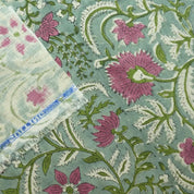 Handcrafted Green and Rose Gold Floral Pure Linen Block Printed Fabric for Sofa Covers – KUNDANVAN