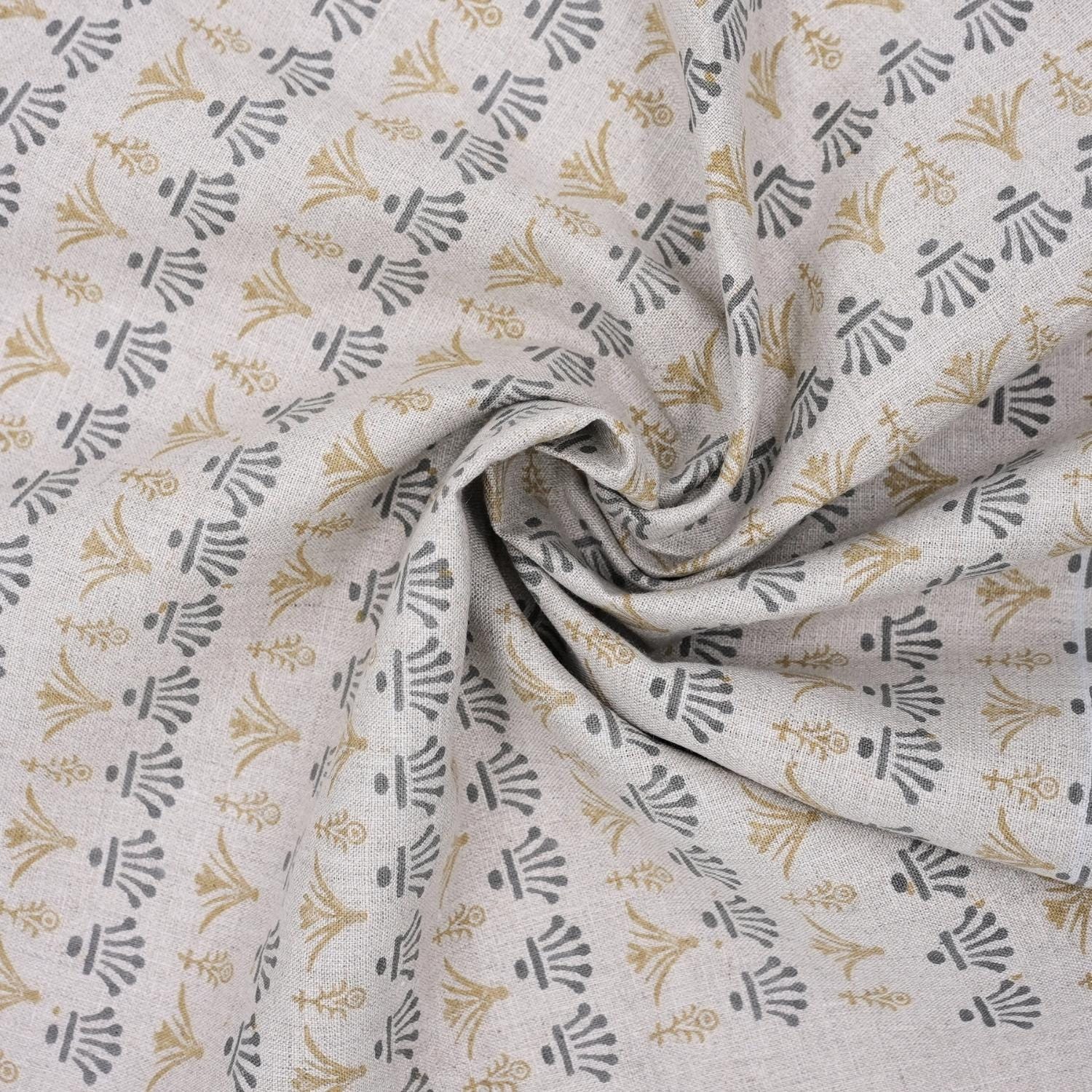 Indian Hand Block Hastakala Print Gray Floral Pure Linen Throw Fabric for Table Cover
