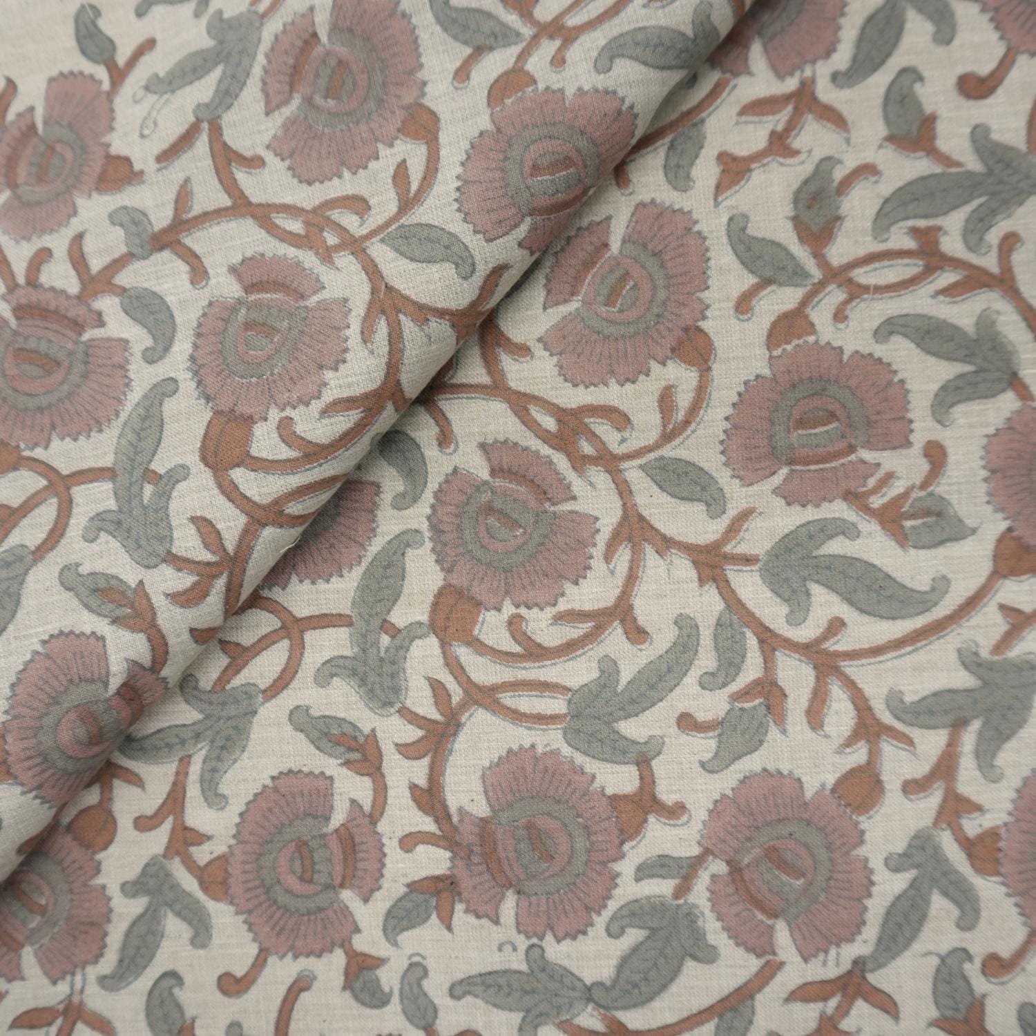 Linen Block Print Fabric Linen Blend 58 Inch Width Light Weight Linen Natural Base Color Curtains and Drapes Upholstery Handmade Art Pillow Covers Tablecloths and Runners Bedding Tote Bag Napkins by Fabritual