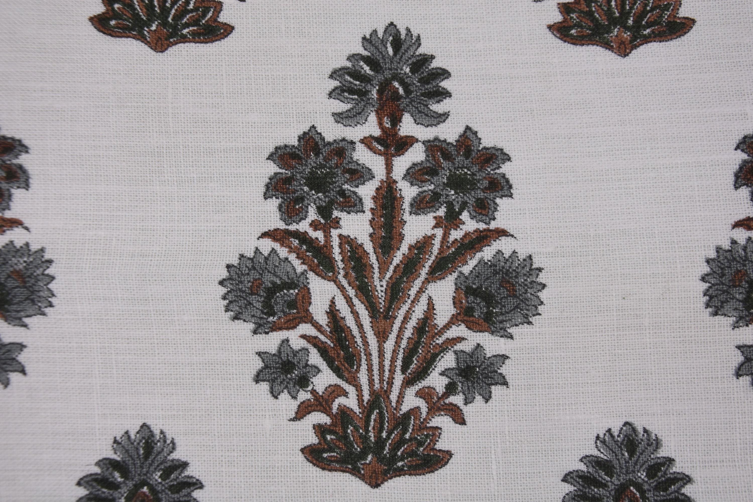 Handmade Fabric with Indian Block Prints, Natural Color Linen Fabric for Farmhouse Curtains and Decor, Handmade Indian Print Linen for Decorative Upholstery and Covers, 58 Inch Wide Linen Fabric in Off White for Rustic Interiors.