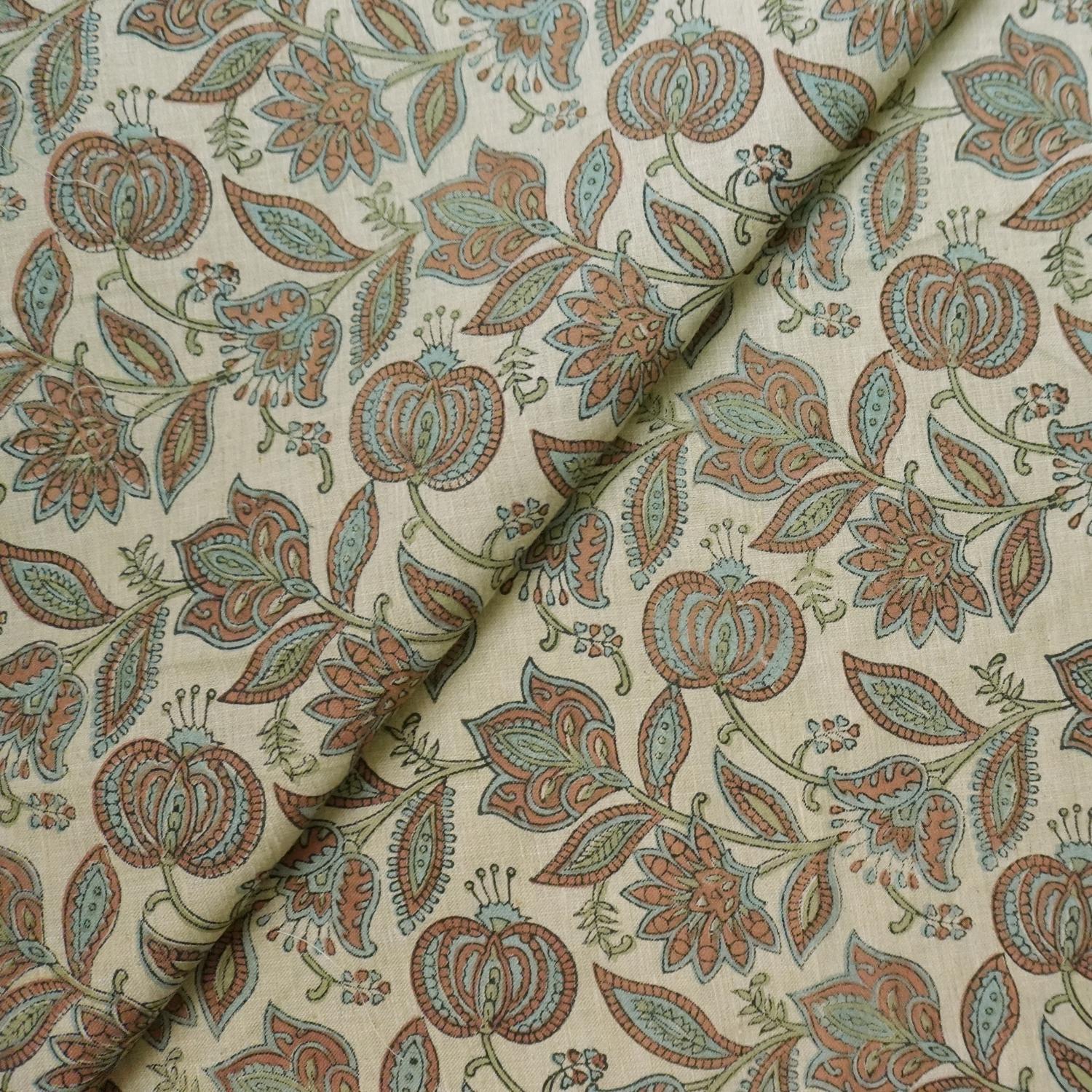 Linen Block Print Fabric Linen Blend 58 Inch Width Light Weight Linen Natural Base Color Curtains and Drapes Upholstery Handmade Art Pillow Covers Tablecloths and Runners Lampshades Napkins by Fabritual