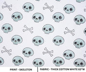 Indian Art Skeleton Print in Blue and Black Handmade Thick Cotton White Halloween Fabric for Table Cover