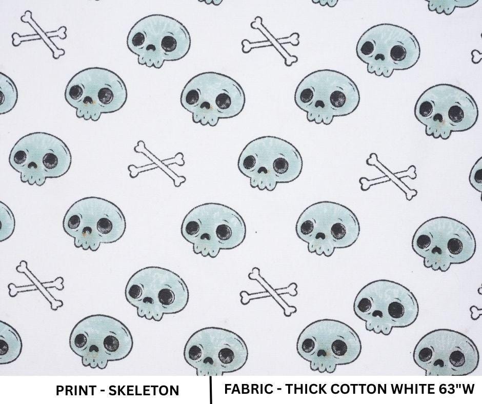 Indian Art Skeleton Print in Blue and Black Handmade Thick Cotton White Halloween Fabric for Table Cover