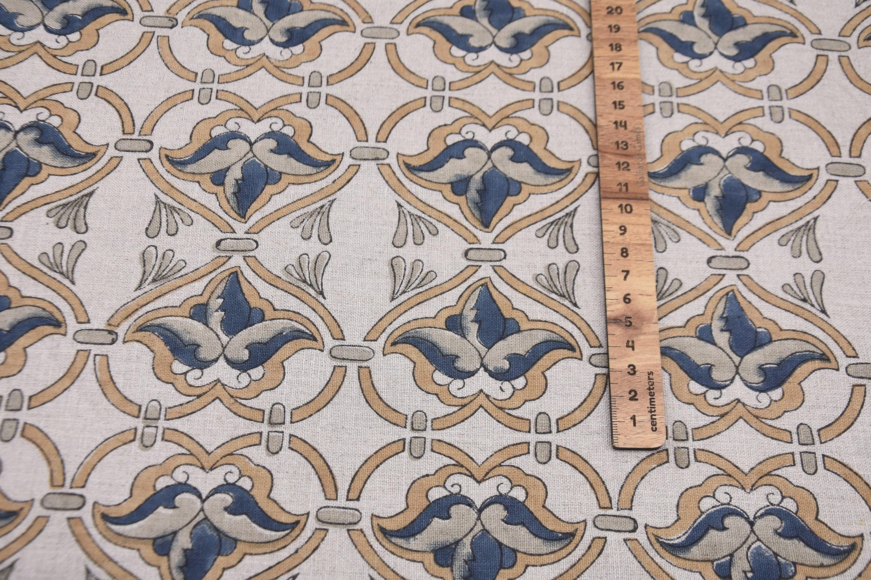 Linen Block Print Fabric 58 Inch Width Medium Weight Linen Natural Base Color Curtains and Drapes Upholstery Handmade Art Pillow Covers Tablecloths and Runners Bedding Tote Bag Lampshades Napkins