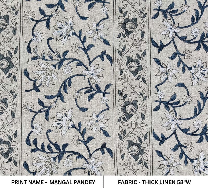 Eco- Friendly Hand Block Print Blue Thick Linen Fabric - Mangal Pandey