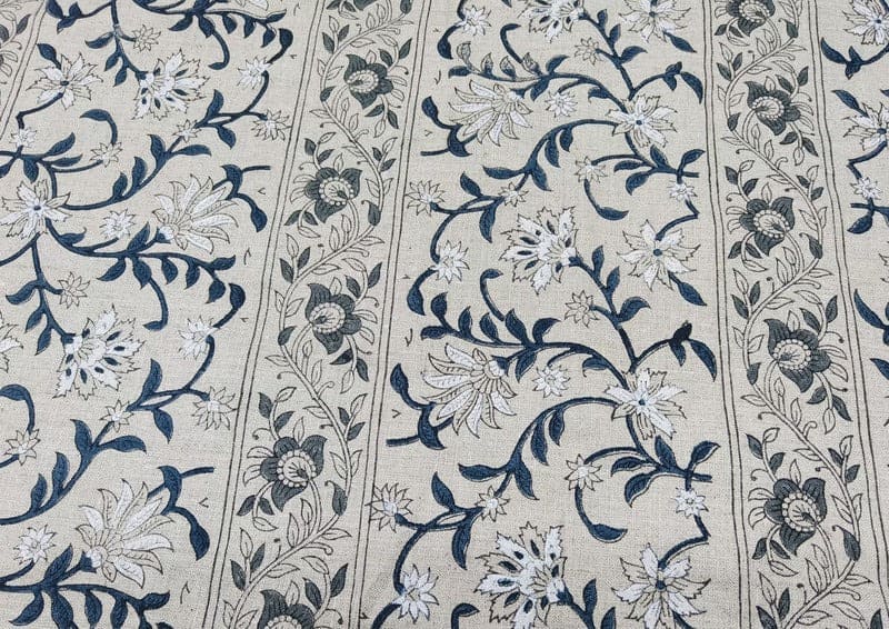 Eco- Friendly Hand Block Print Blue Thick Linen Fabric - Mangal Pandey
