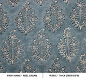 Handmade Block Print Blue Floral Thick Linen Fabric - Neel Gagan