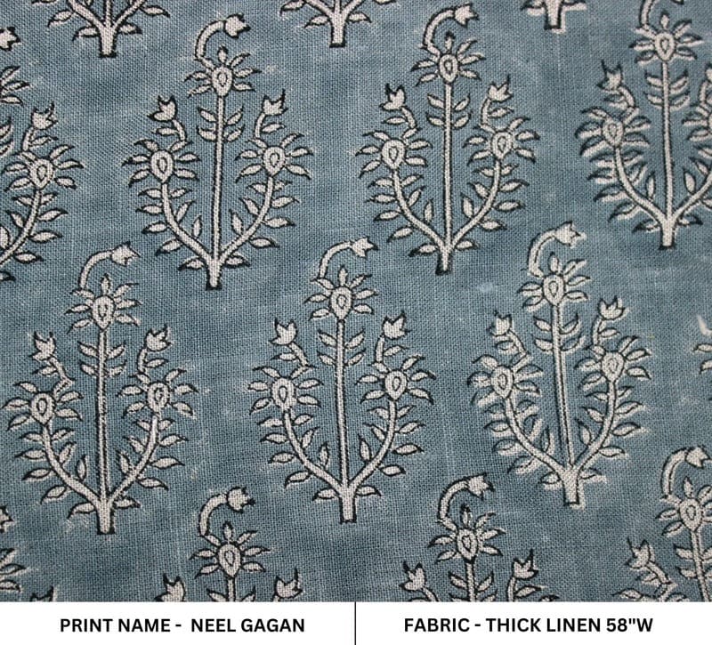 Handmade Block Print Blue Floral Thick Linen Fabric - Neel Gagan