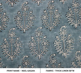 Handmade Block Print Blue Floral Thick Linen Fabric - Neel Gagan