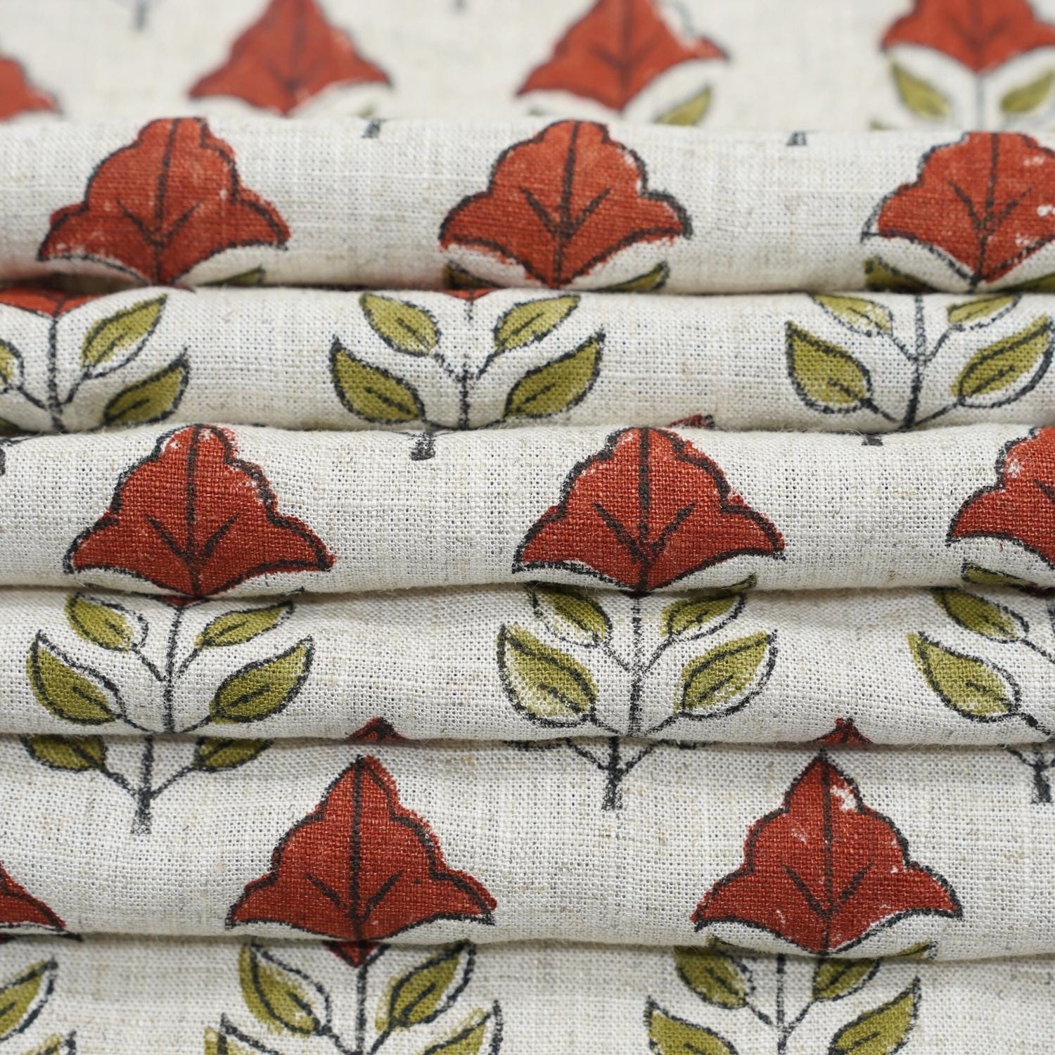 HANDMADE VISCOSE LINEN PREMIUM DESIGNER MAYUR FLORAL FABRIC – RED & GREEN INDOOR ROOM
