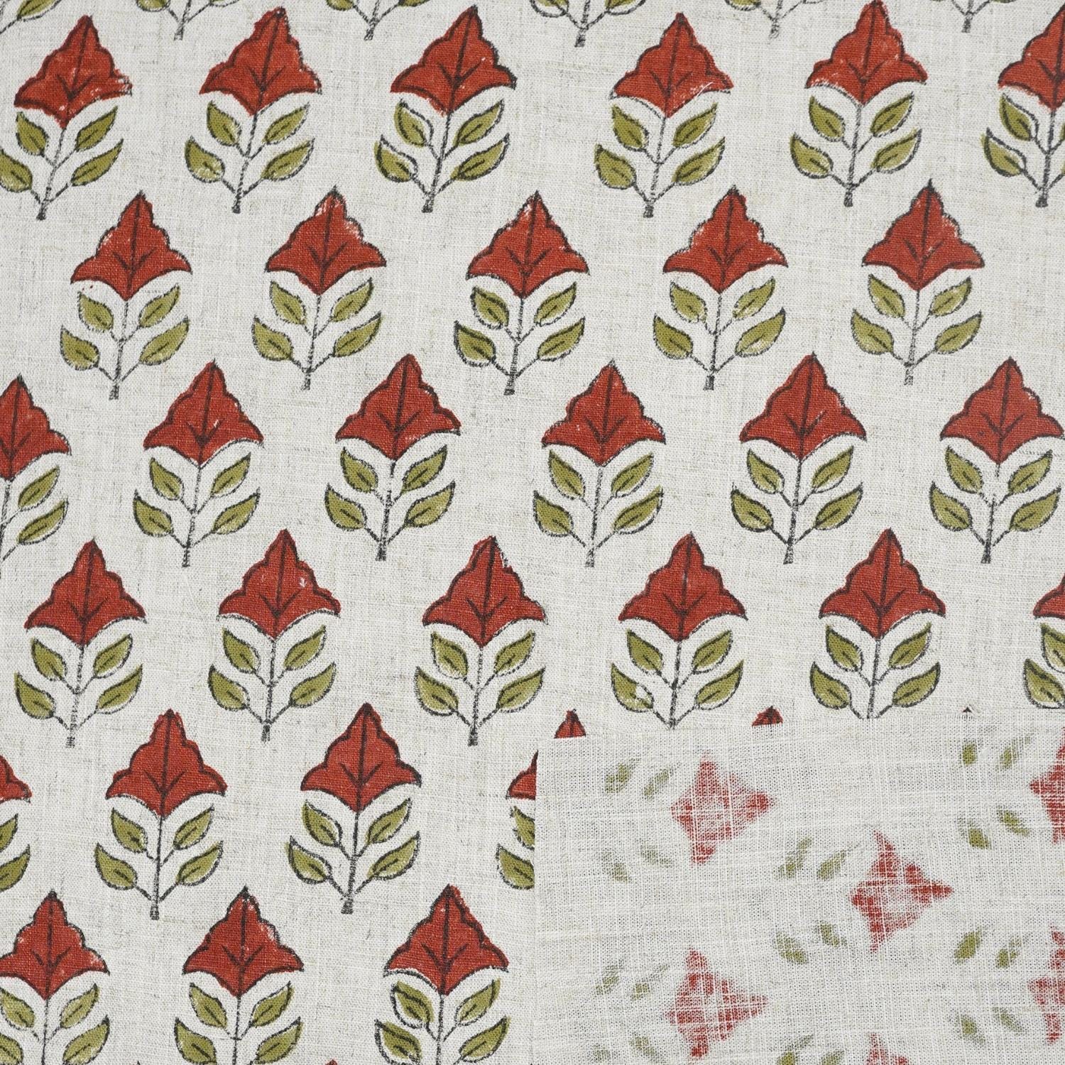 HANDMADE VISCOSE LINEN PREMIUM DESIGNER MAYUR FLORAL FABRIC – RED & GREEN INDOOR ROOM