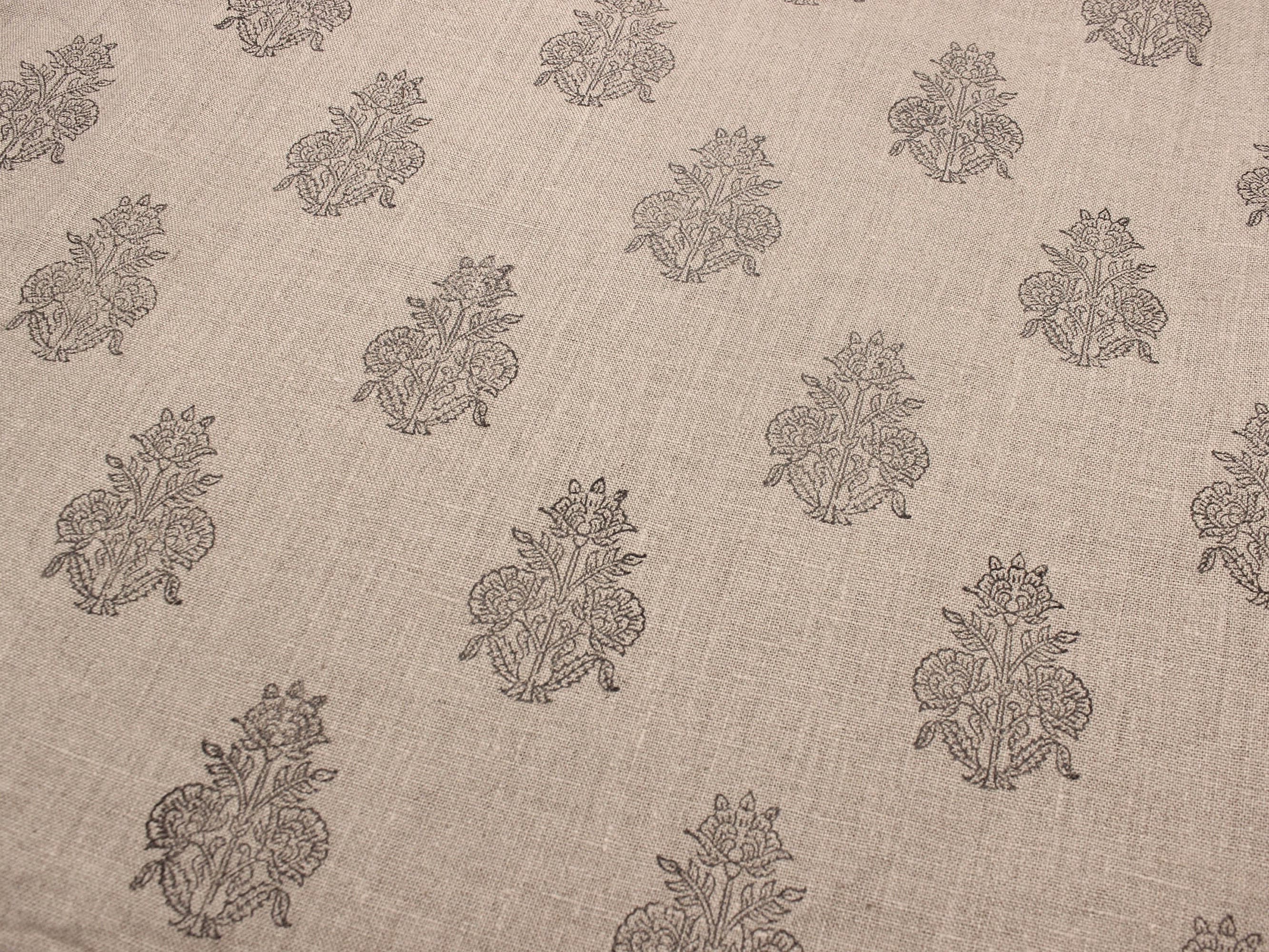 Cockroach Black Linen Block Print  Handloom Gray  Floral Imprint Block Print Pattern, Thick Linen Fabric, Heavy Weight Upholstery Fabric,