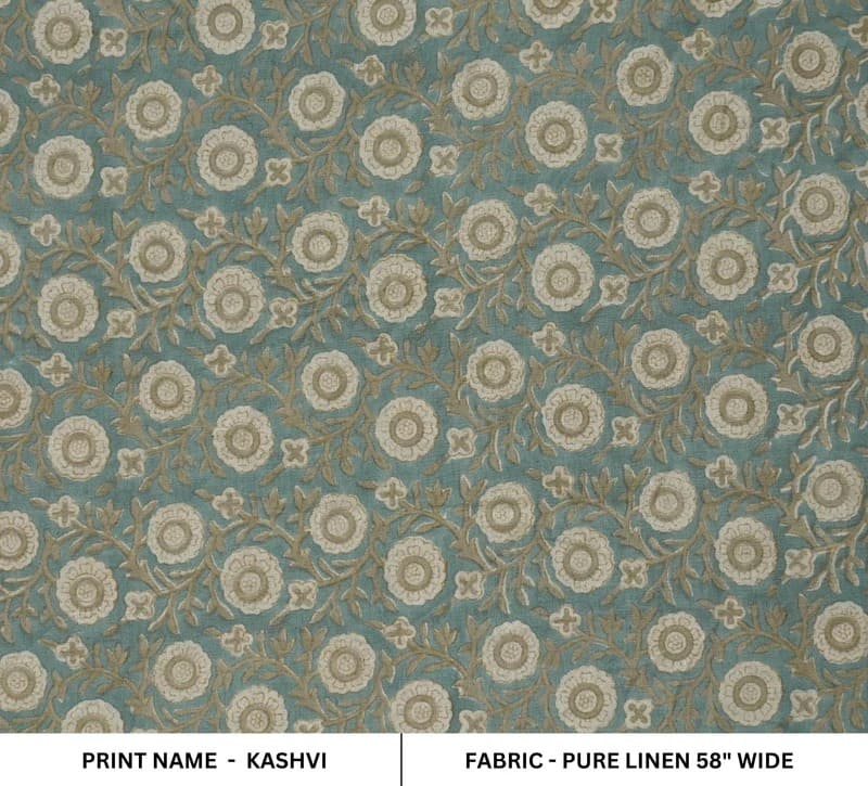 Eco-Friendly Pure Linen Hand Block Print Beige Floral Fabric - Kashvi