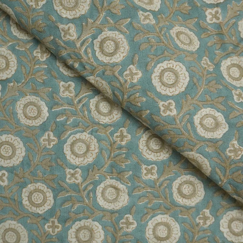 Eco-Friendly Pure Linen Hand Block Print Beige Floral Fabric - Kashvi
