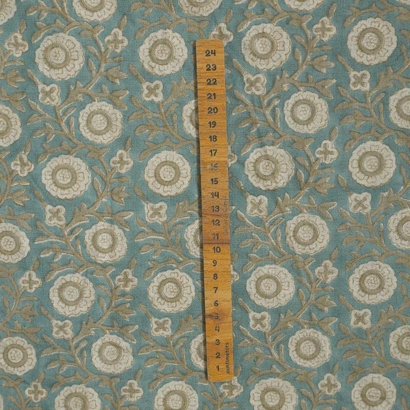 Eco-Friendly Pure Linen Hand Block Print Beige Floral Fabric - Kashvi