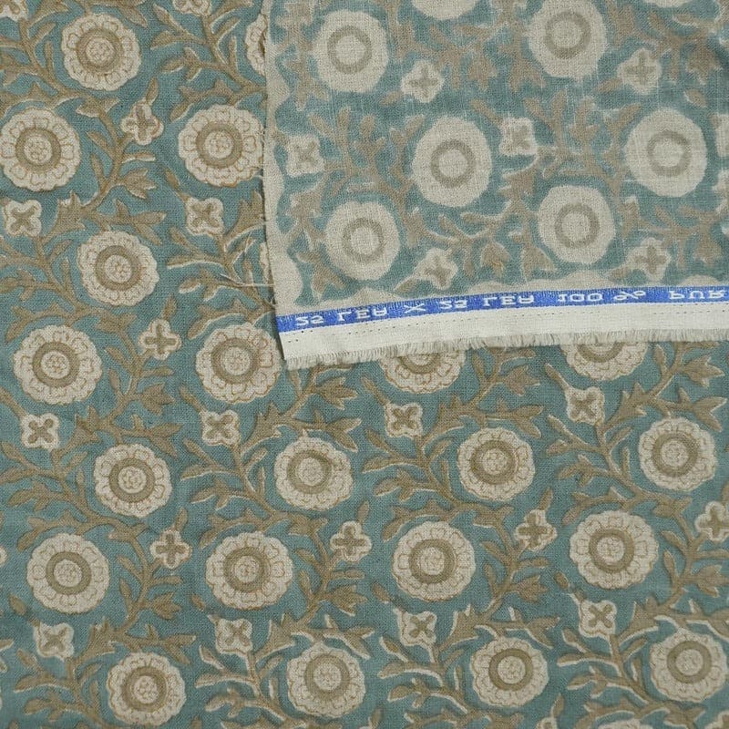 Eco-Friendly Pure Linen Hand Block Print Beige Floral Fabric - Kashvi