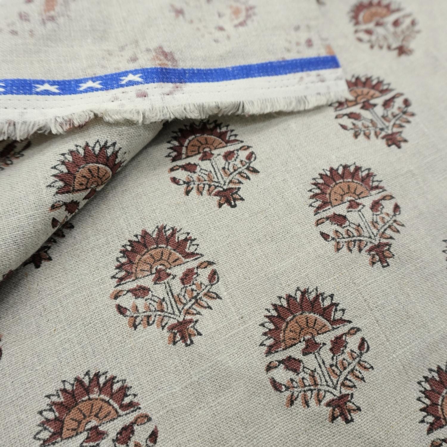 Linen Block Print Fabric 58 Inch Width Medium Weight Linen Natural Base Color Curtains and Drapes Upholstery Handmade Art Tablecloths and Runners Bedding Tote Bag Lampshades Napkins by Fabritual