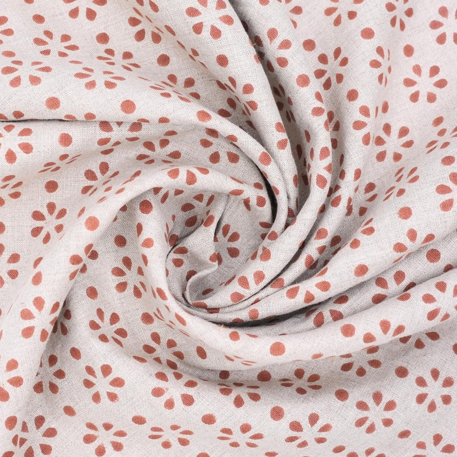 Indian Ancient Brown Champa Dot Block Print Pure Linen Fabric for Drapery and Upholsterty