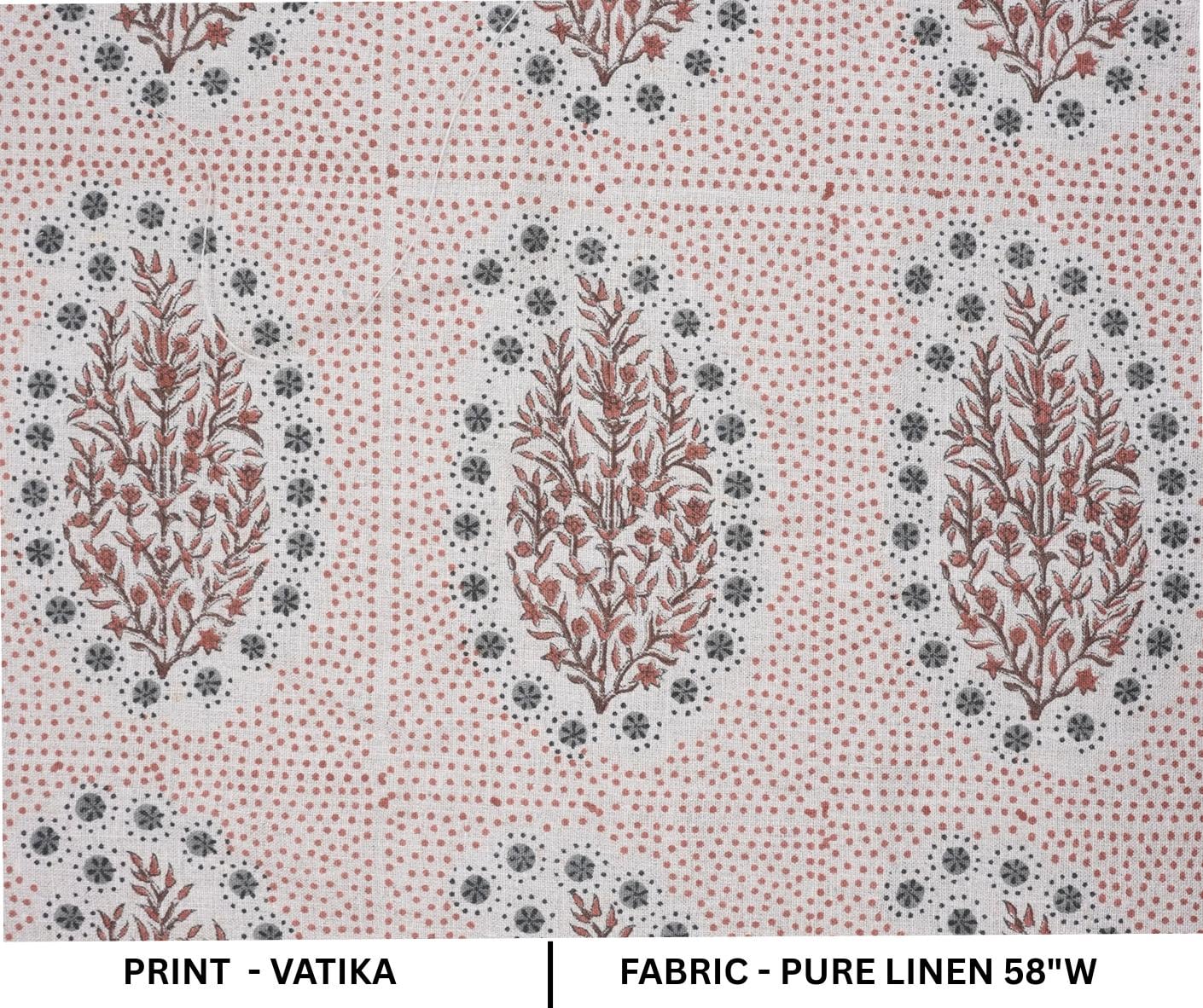 Indian Ancient Block Print Window Curtain Fabric on Natural Linen with Brown and Gray Floral - Vatika Design