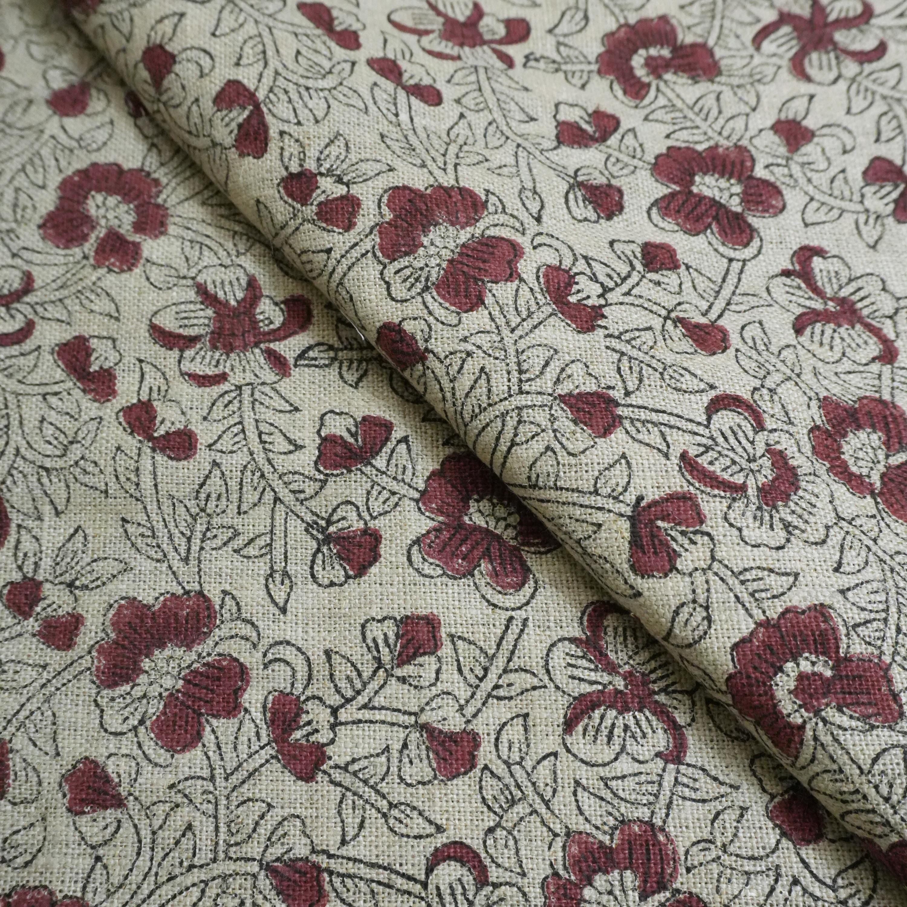 Linen Block Print Fabric 58 Inch Width Heavy Weight Linen Natural Base Color Curtains and Drapes Upholstery Handmade Art Pillow Covers Tablecloths and Runners Bedding Tote Bag Napkins by Fabritual