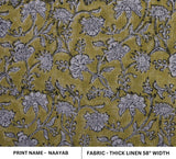 Thick Linen Handmade Indian Block Printed 58" Wide Fabric In Green and Gray Floral for Decorative Cushion Covers – Naayab