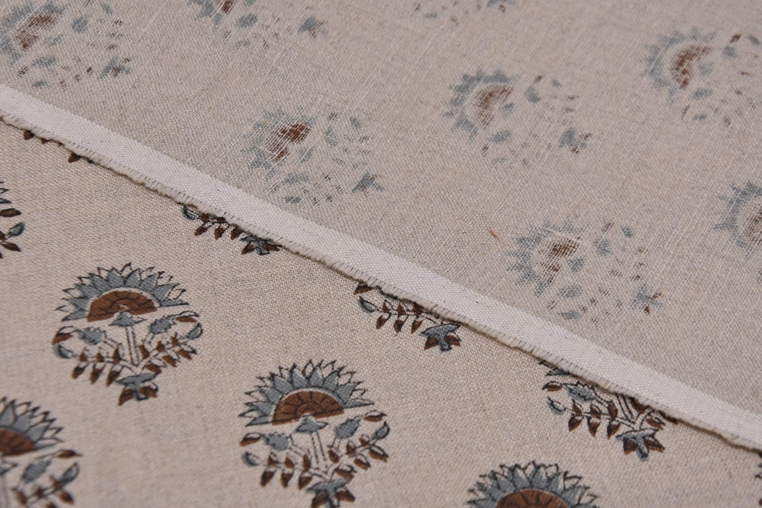 Linen Block Print Fabric 58 Inch Width Heavy Linen Natural Base With Red Color Curtains and Drapes Upholstery Pillow Covers Tablecloths and Runners Bedding Tote Bag by Fabritual