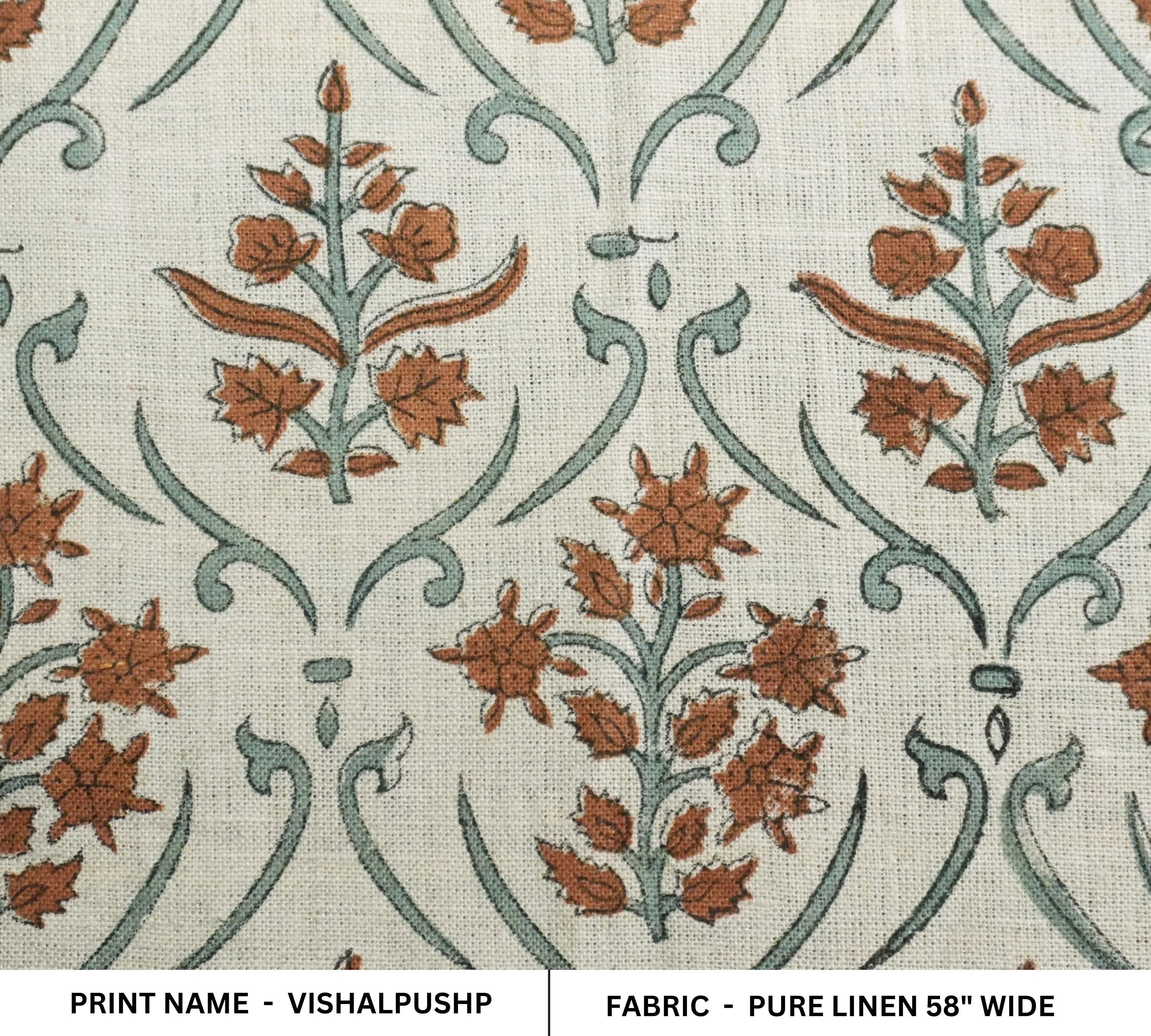 Linen Block Print Fabric 58 Inch Width Medium Weight Linen Natural Base Color Handmade Creative Design To Make Curtains and Drapes Upholstery Pillow Covers Tablecloths and Runners Bedding Tote Bag Lampshades Napkins by Fabritual