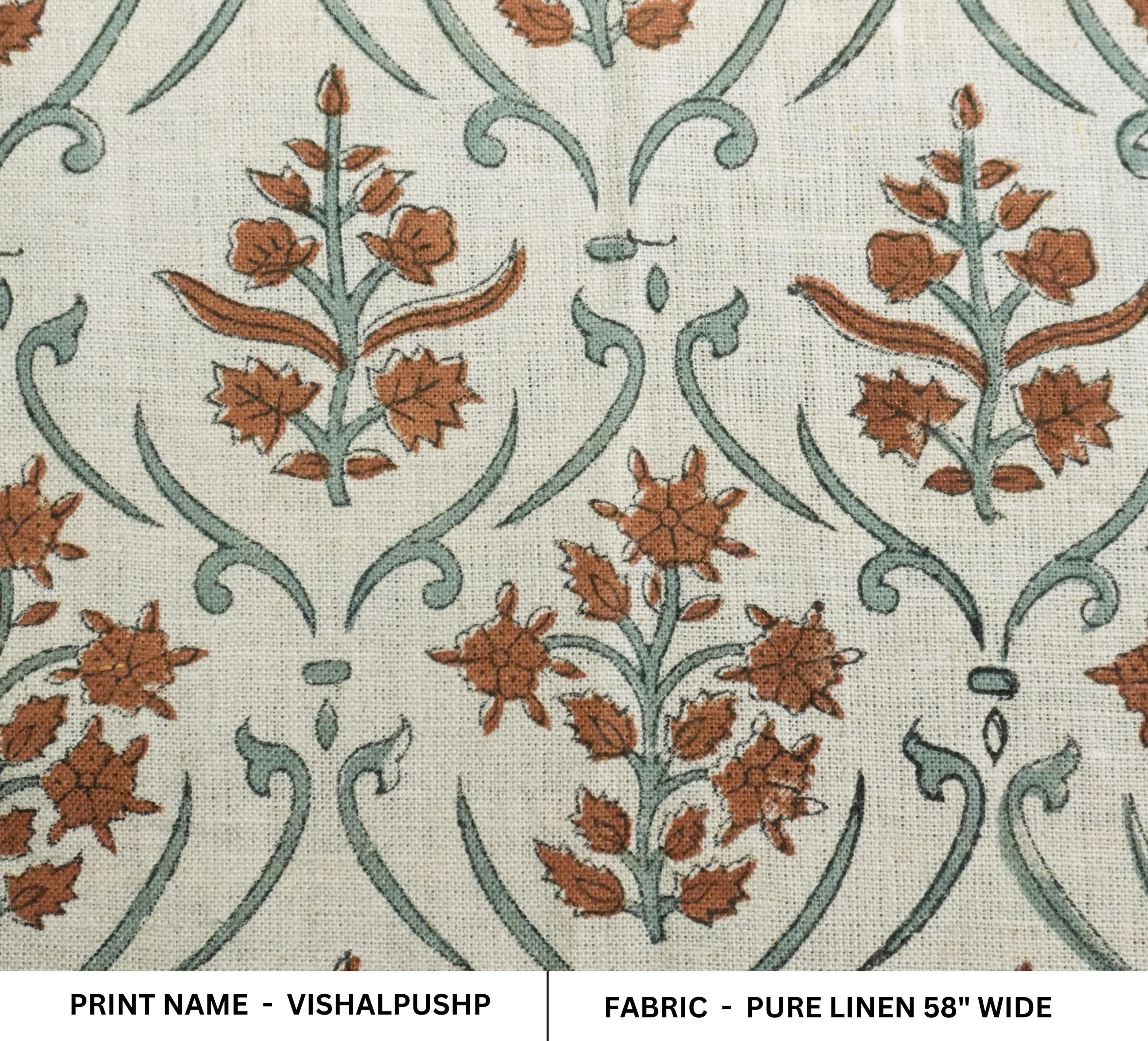 Linen Block Print Fabric 58 Inch Width Medium Weight Linen Natural Base Color Handmade Creative Design To Make Curtains and Drapes Upholstery Pillow Covers Tablecloths and Runners Bedding Tote Bag Lampshades Napkins by Fabritual