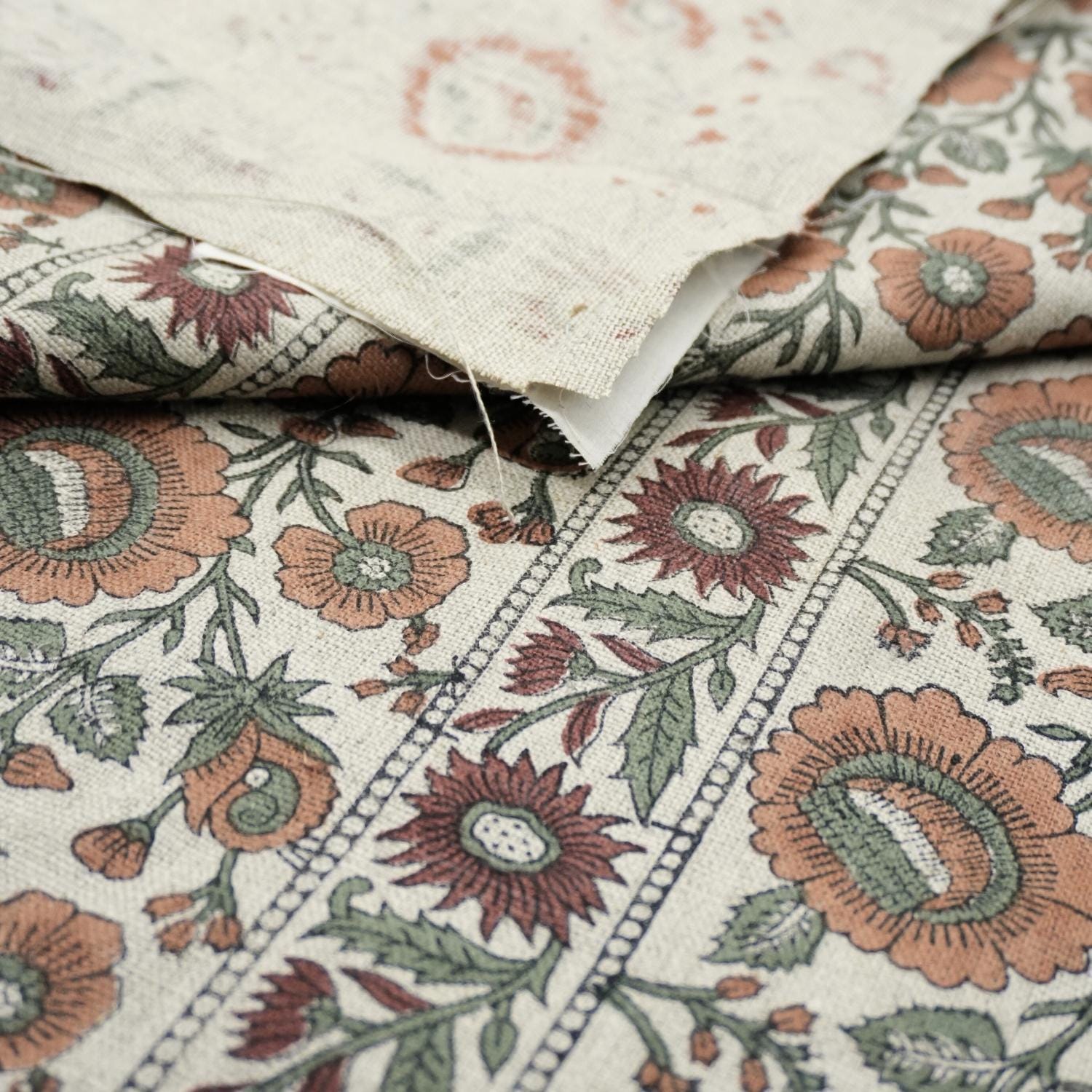 Linen Block Print Fabric 58 Inch Width Heavy Weight Linen Natural Base Color Curtains and Drapes Upholstery Handmade Art Tablecloths and Runners Bedding Tote Bag Lampshades Napkins by Fabritual