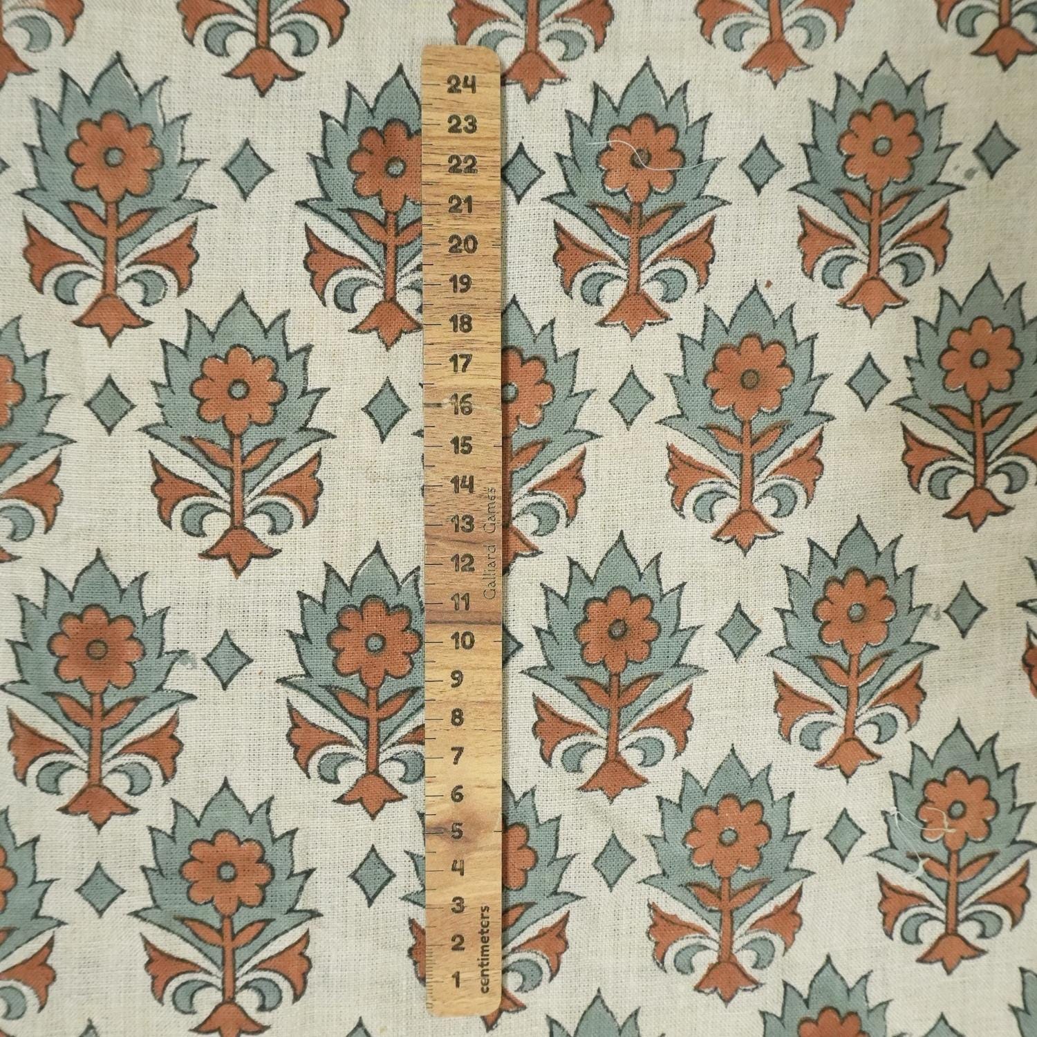 Block Printed 100% Pure Linen Fabric in Bronze and Pastel Blue Floral for Curtains & Decorative Home - KUSUM