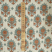 Block Printed 100% Pure Linen Fabric in Bronze and Pastel Blue Floral for Curtains & Decorative Home - KUSUM