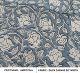 Handmade Block Printed Blue & Beige Duck Canvas 50" Wide Indian Artisan Fabric for Cushion Covers & Home Decor - Amritvela