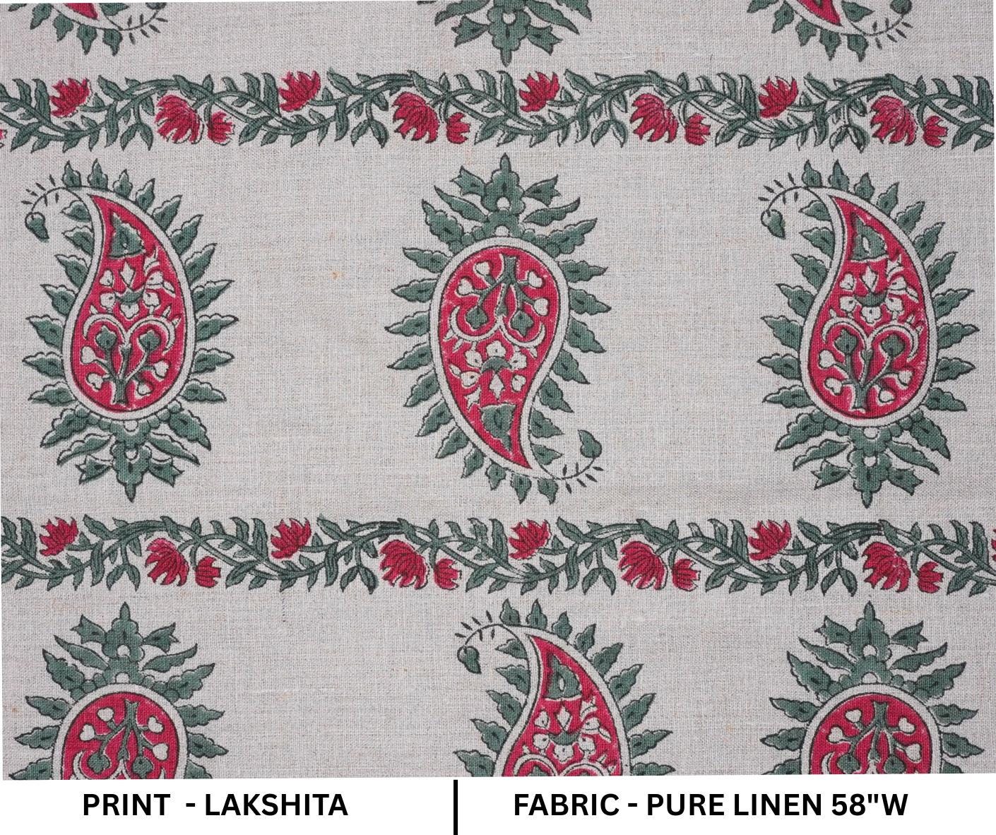 Wooden Block Printed Boho Pink and Gray Decorative Floral Pure Linen Fabric for Curtains - Lakshita