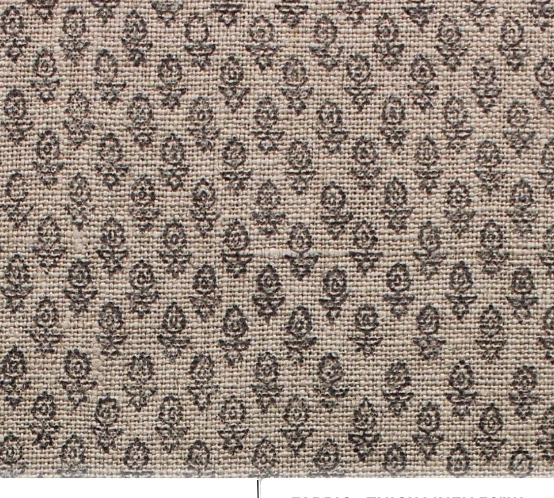 Patterned fabric with floral design on a beige background, labeled 'Everbee' and 'Thick Linen'.