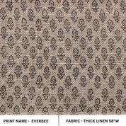 Patterned fabric with floral design on a beige background, labeled 'Everbee' and 'Thick Linen'.