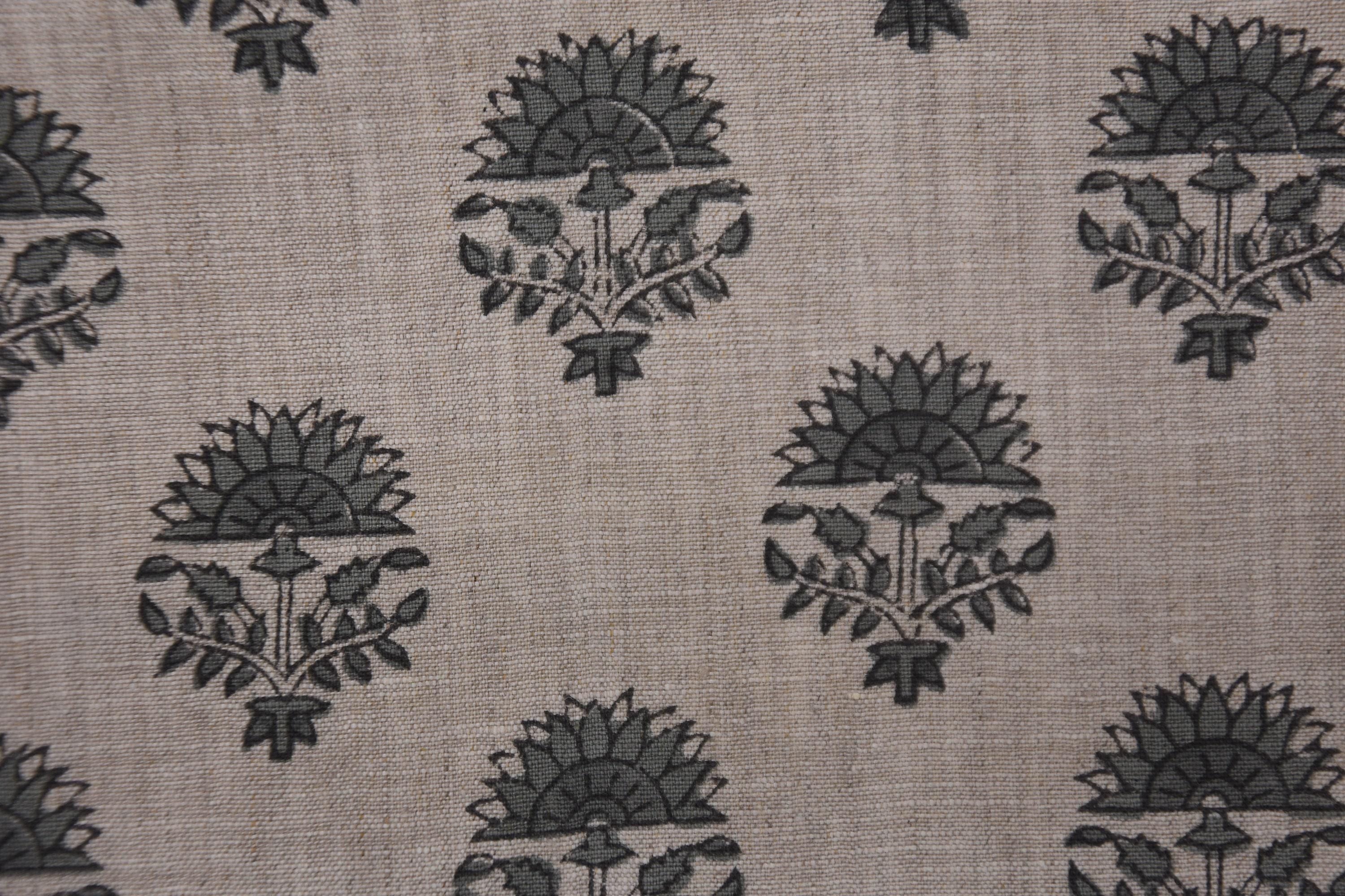 Indian Gray Floral Handmade Artisan Block Printed 100% Pure Linen 58" Wide Fabric for Napkins – Indrajeet
