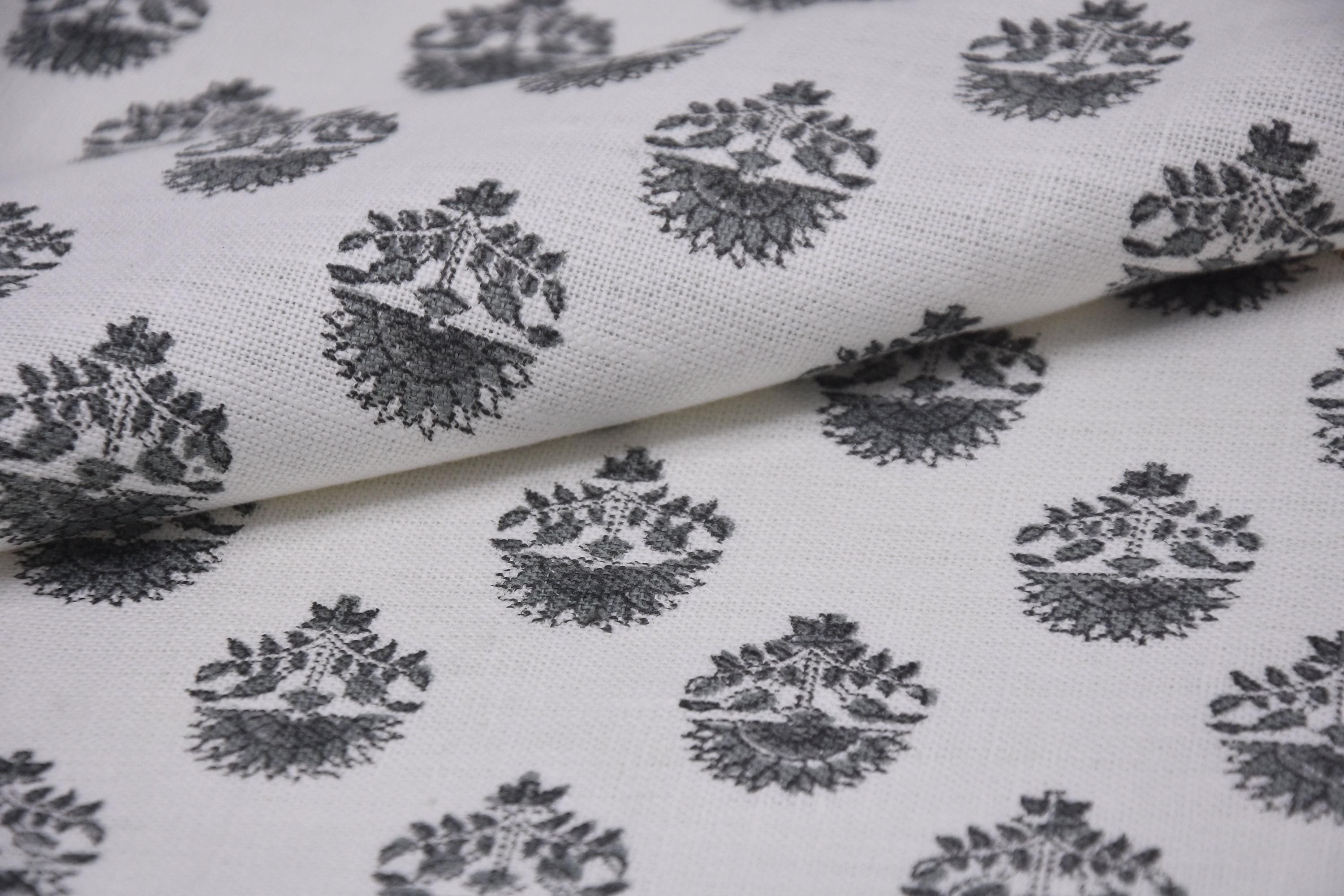 Linen Block Print Fabric Off White linen 58 Inch Width Medium Weight Linen Natural Base Color Curtains and Drapes Upholstery Handmade Art Pillow Covers Tablecloths and Runners Bedding Tote Bag Lampshades Napkins